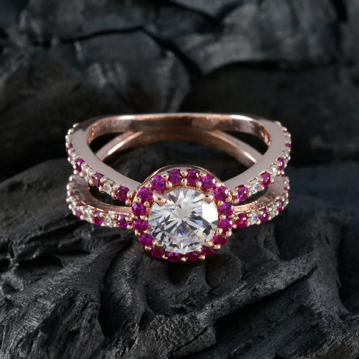 Riyo Bulk Silver Ring With Rose Gold Plating Ruby CZ Stone Round Shape Prong Setting Stylish Jewelry Christmas Ring