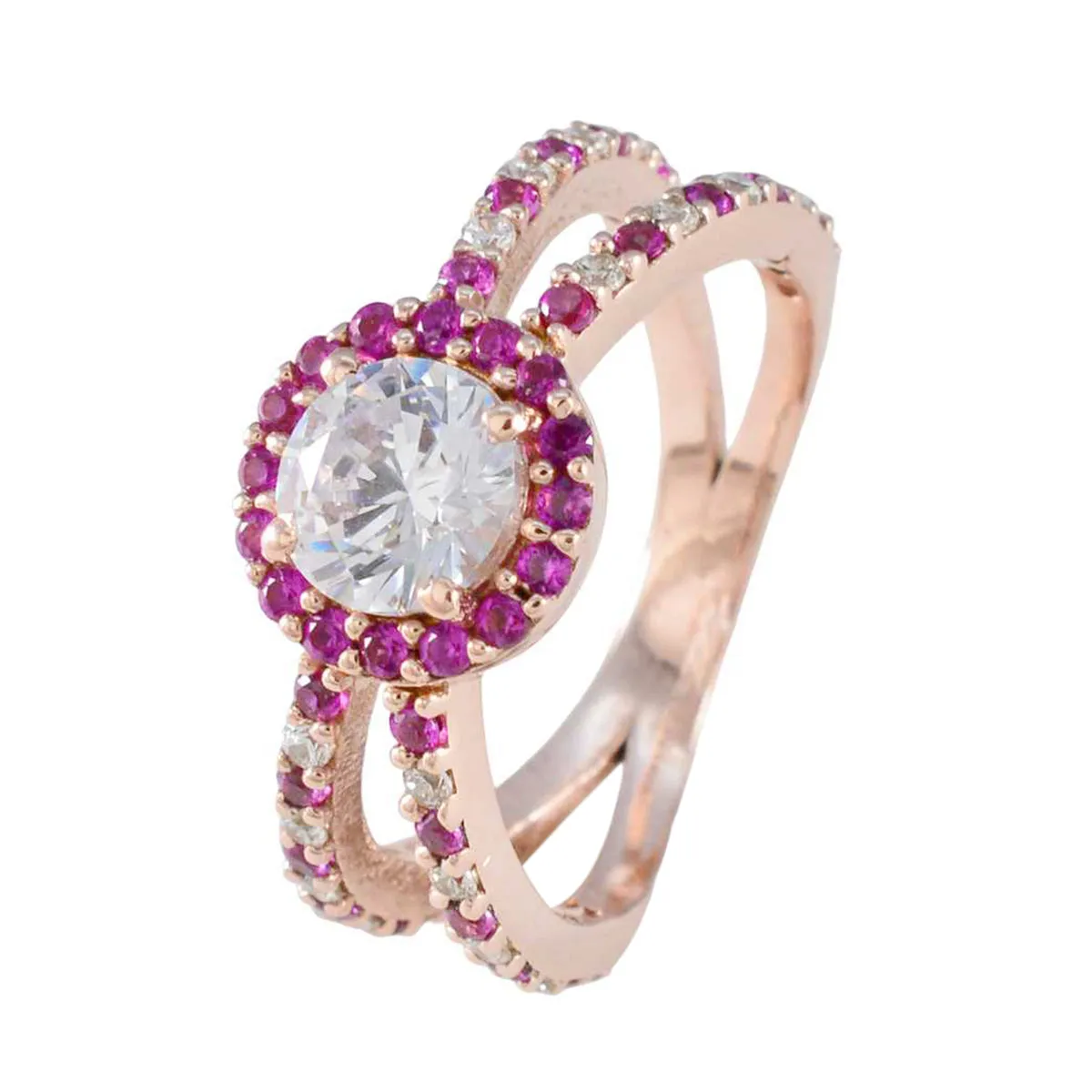 Riyo Bulk Silver Ring With Rose Gold Plating Ruby CZ Stone Round Shape Prong Setting Stylish Jewelry Christmas Ring