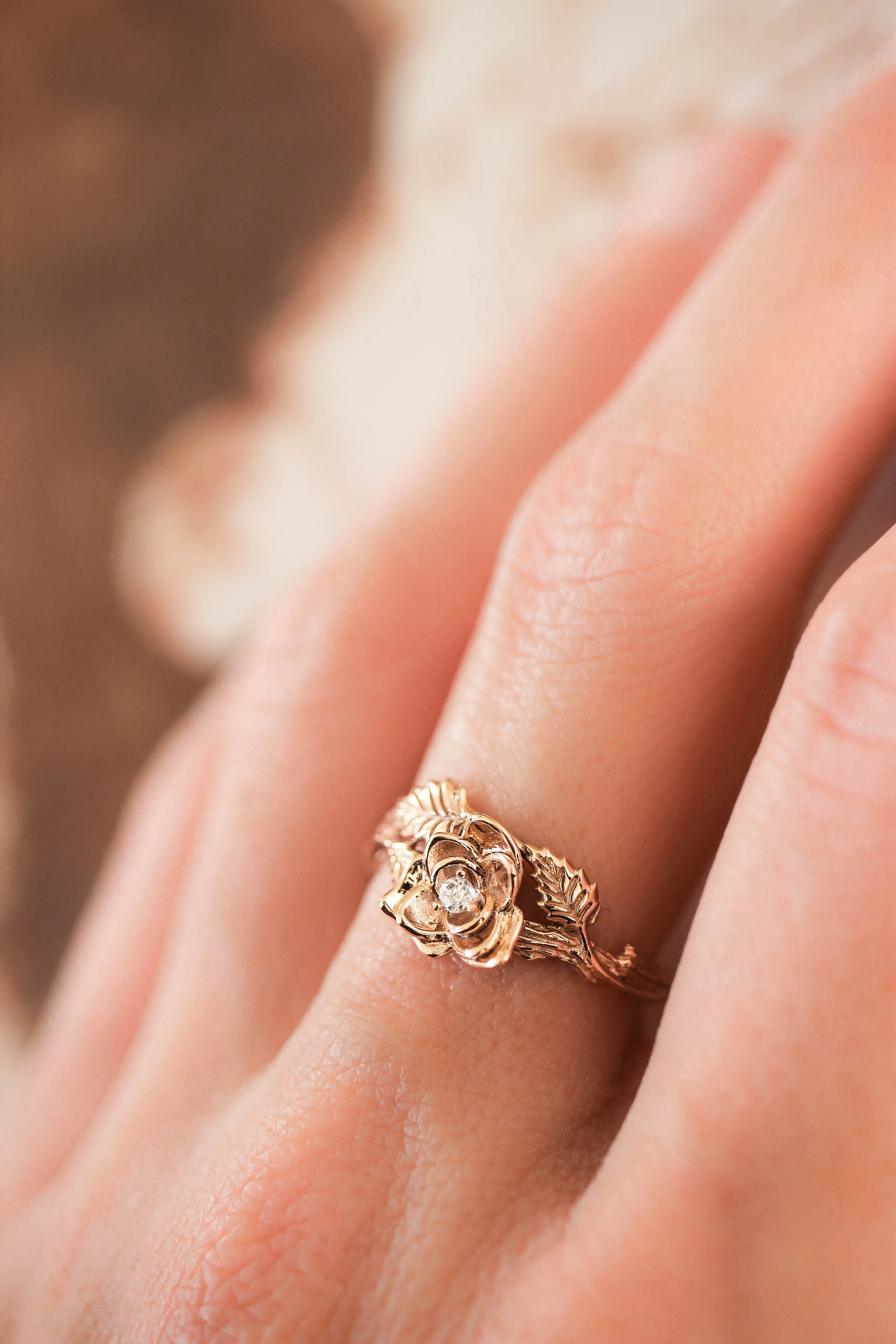 Rose flower ring, diamond engagement ring / Blooming Rose