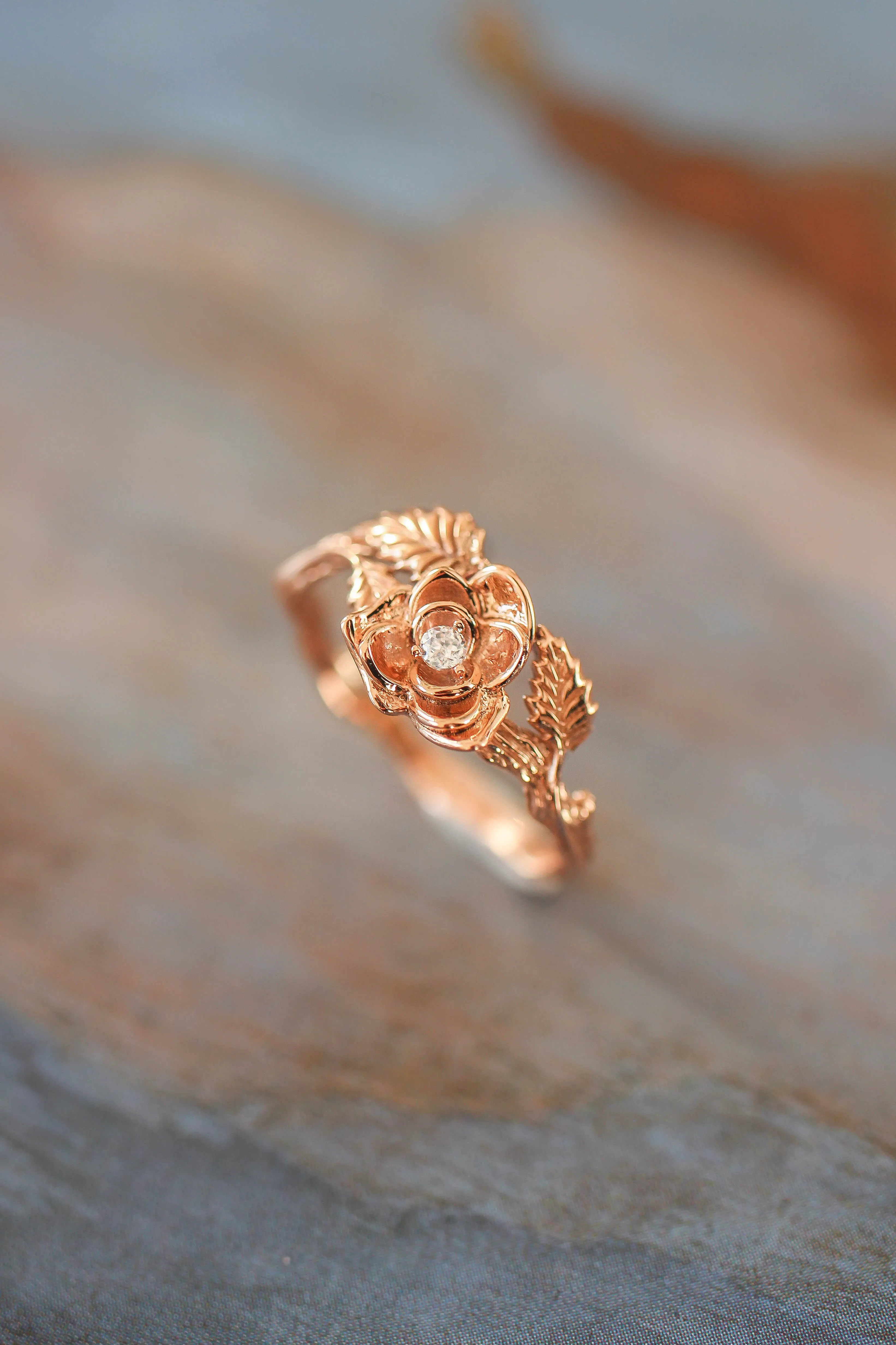 Rose flower ring, diamond engagement ring / Blooming Rose