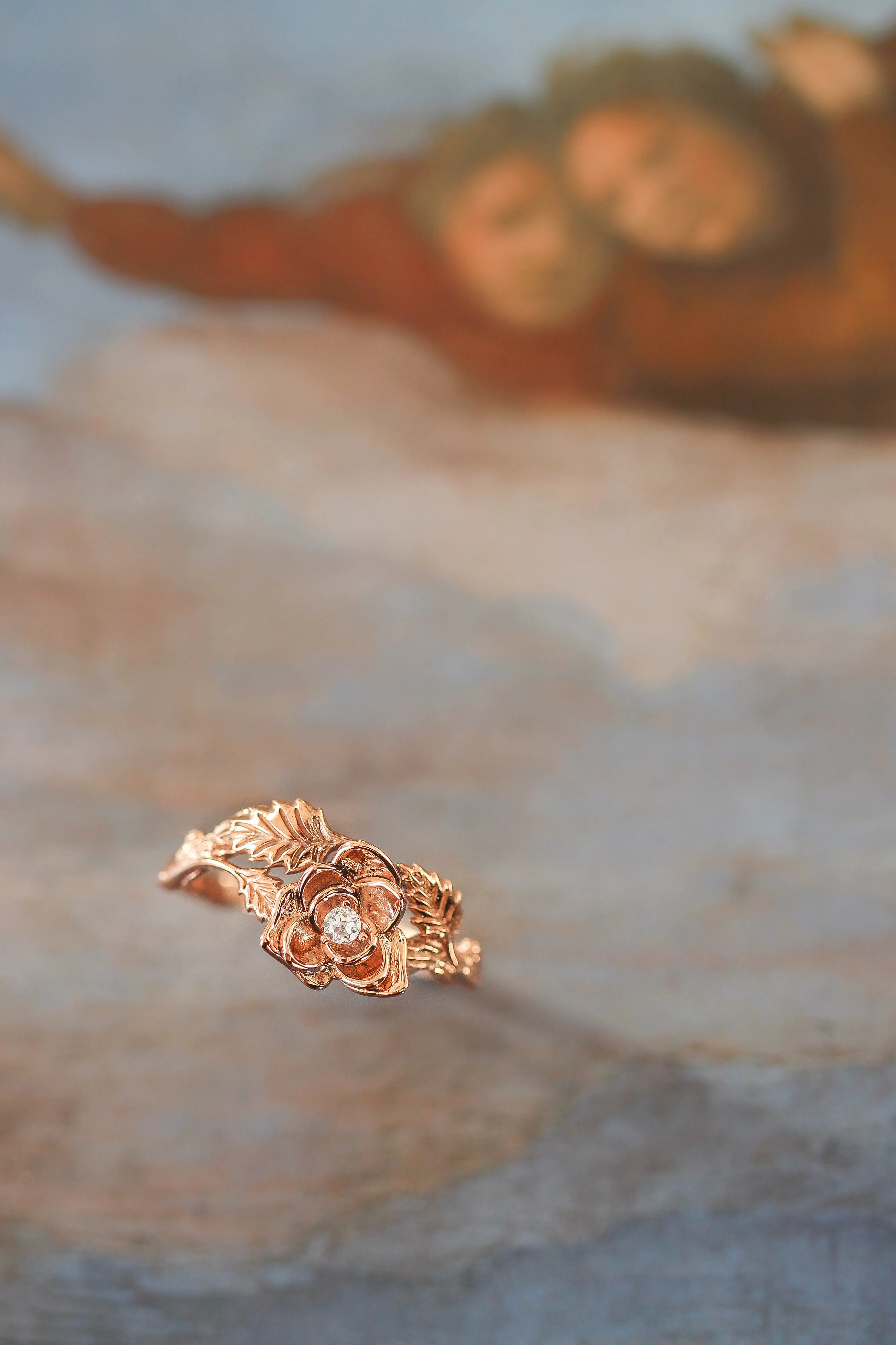 Rose flower ring, diamond engagement ring / Blooming Rose