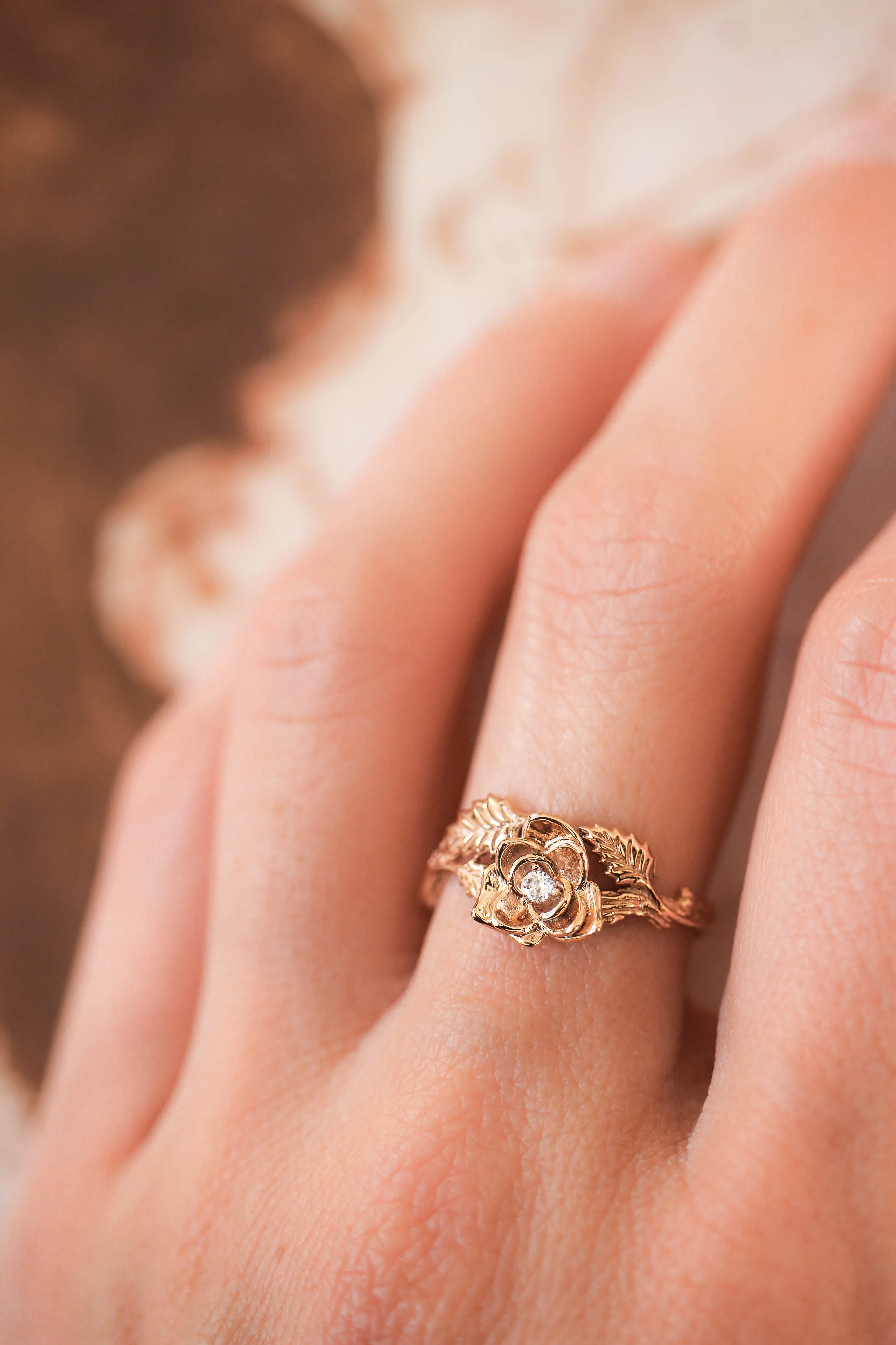 Rose flower ring, diamond engagement ring / Blooming Rose