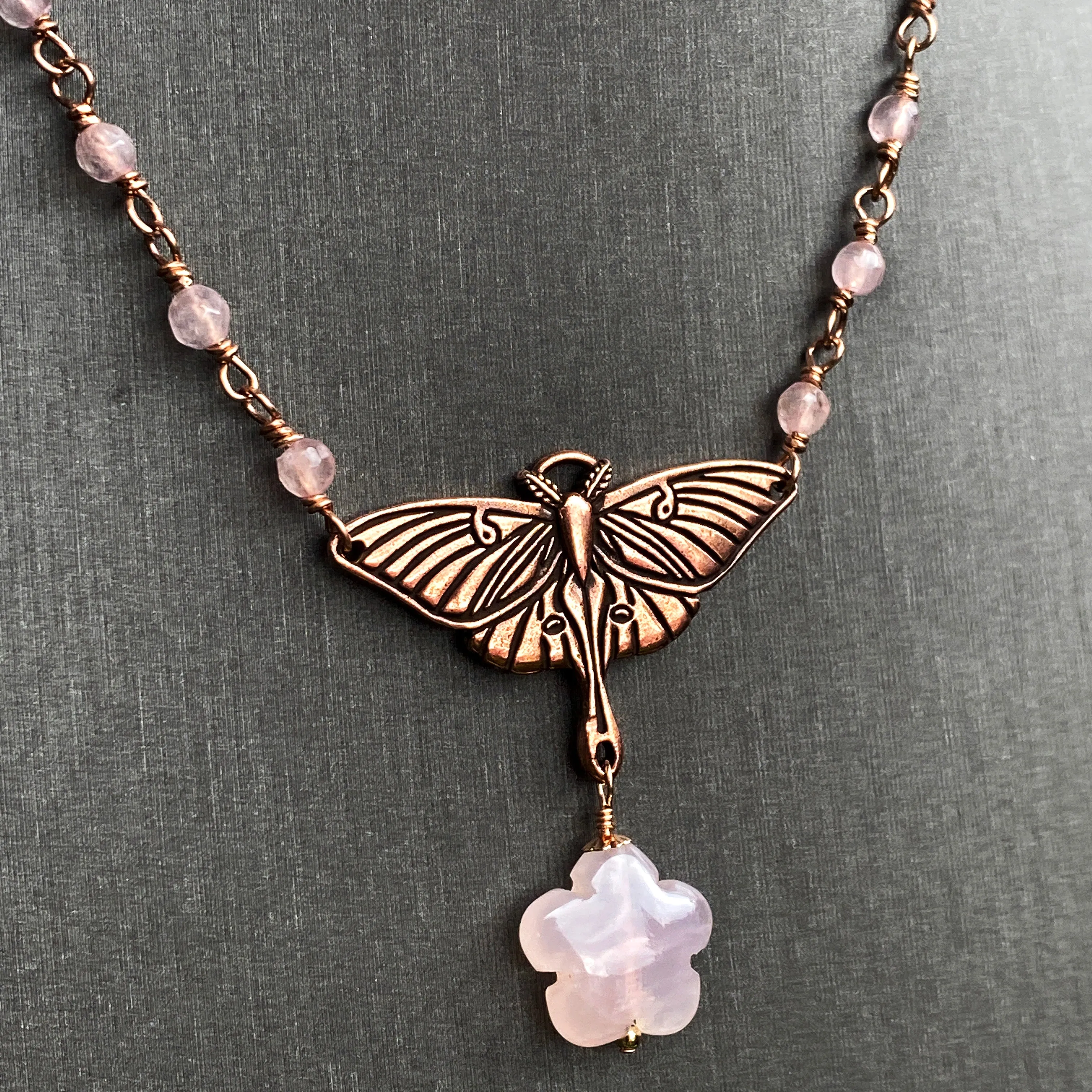 Rose Quartz gemstone with pewter and copper Lunar Moth pendant necklace