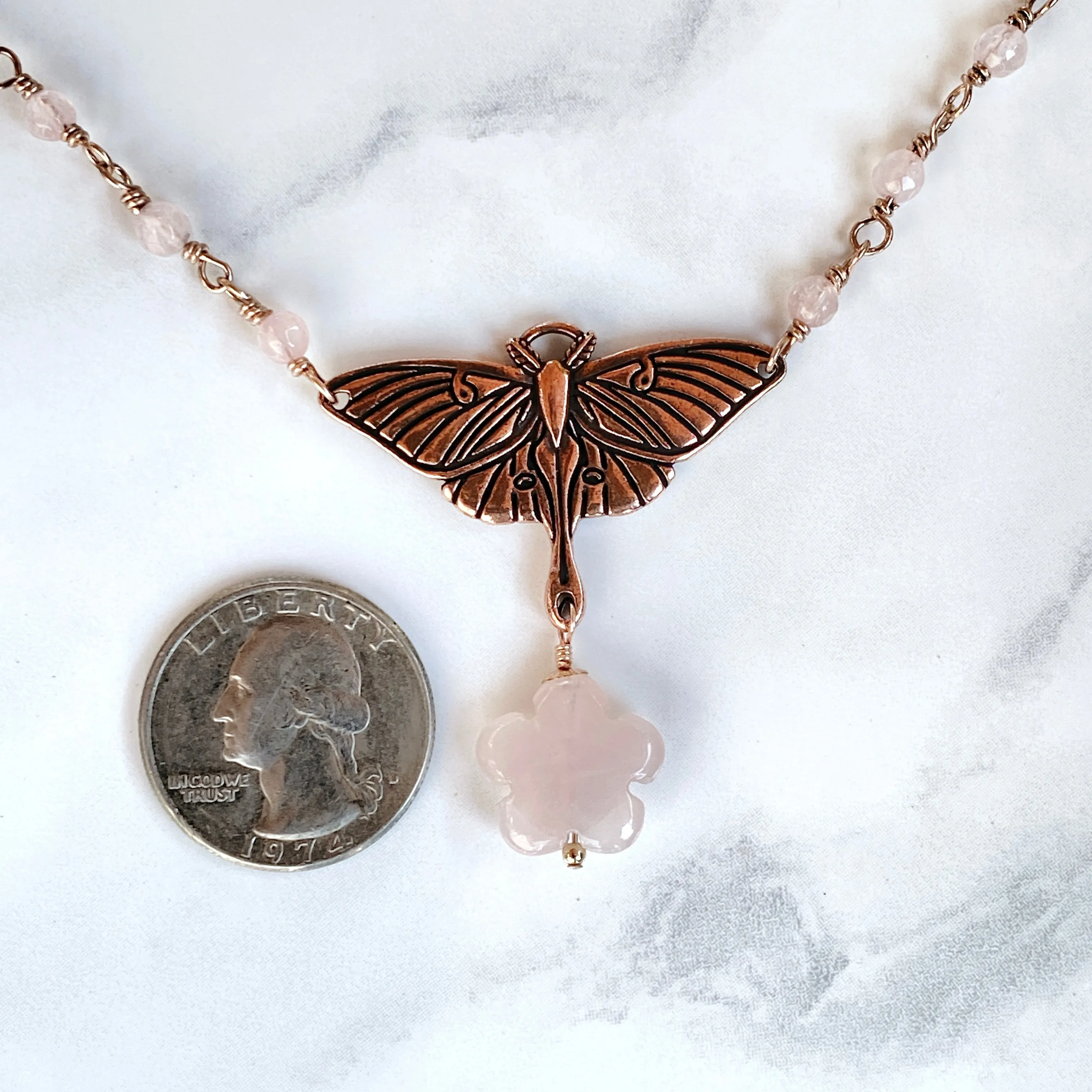 Rose Quartz gemstone with pewter and copper Lunar Moth pendant necklace