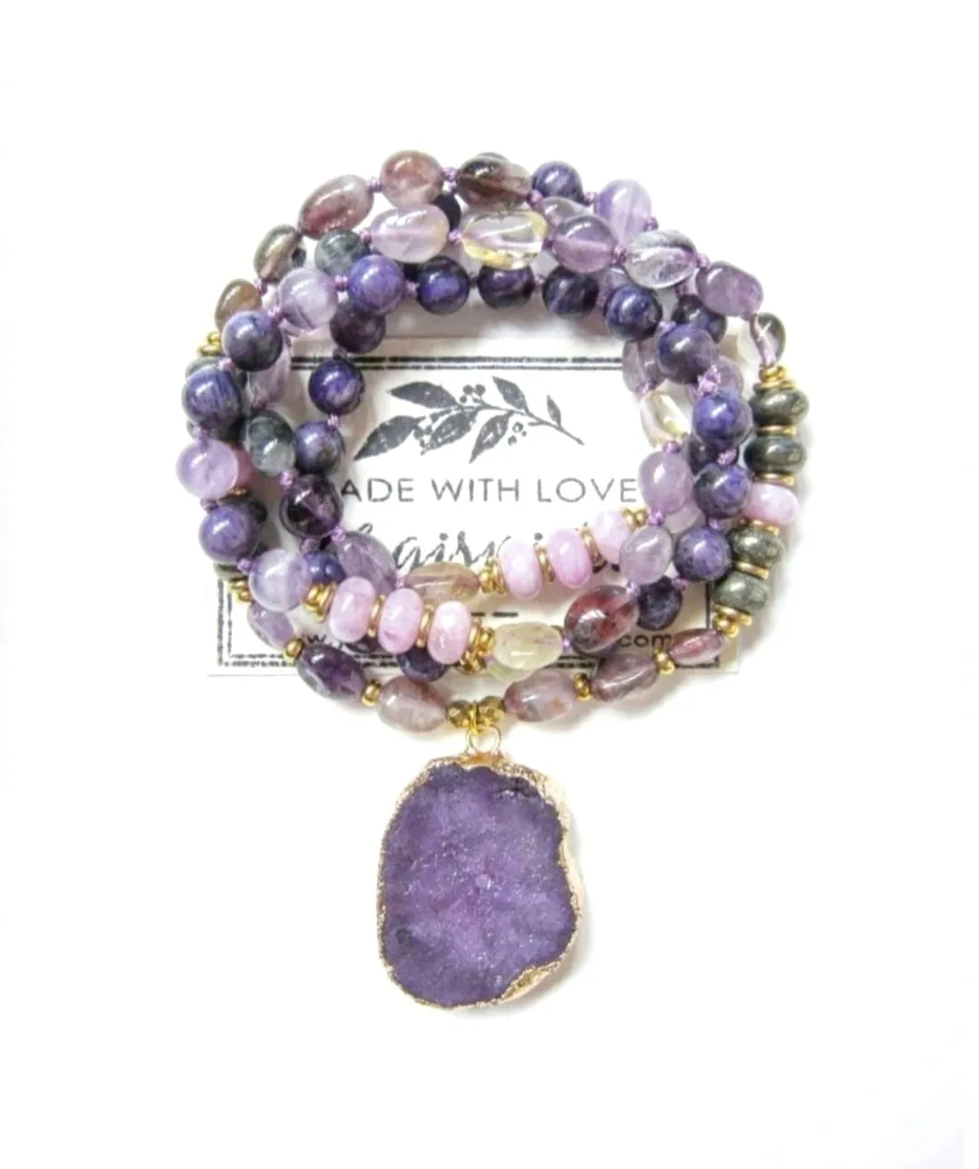 SALE - Ametrine, Amethyst, Charoite, Kunzite, Druzy Pendant Beaded Mala Necklace