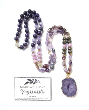 SALE - Ametrine, Amethyst, Charoite, Kunzite, Druzy Pendant Beaded Mala Necklace