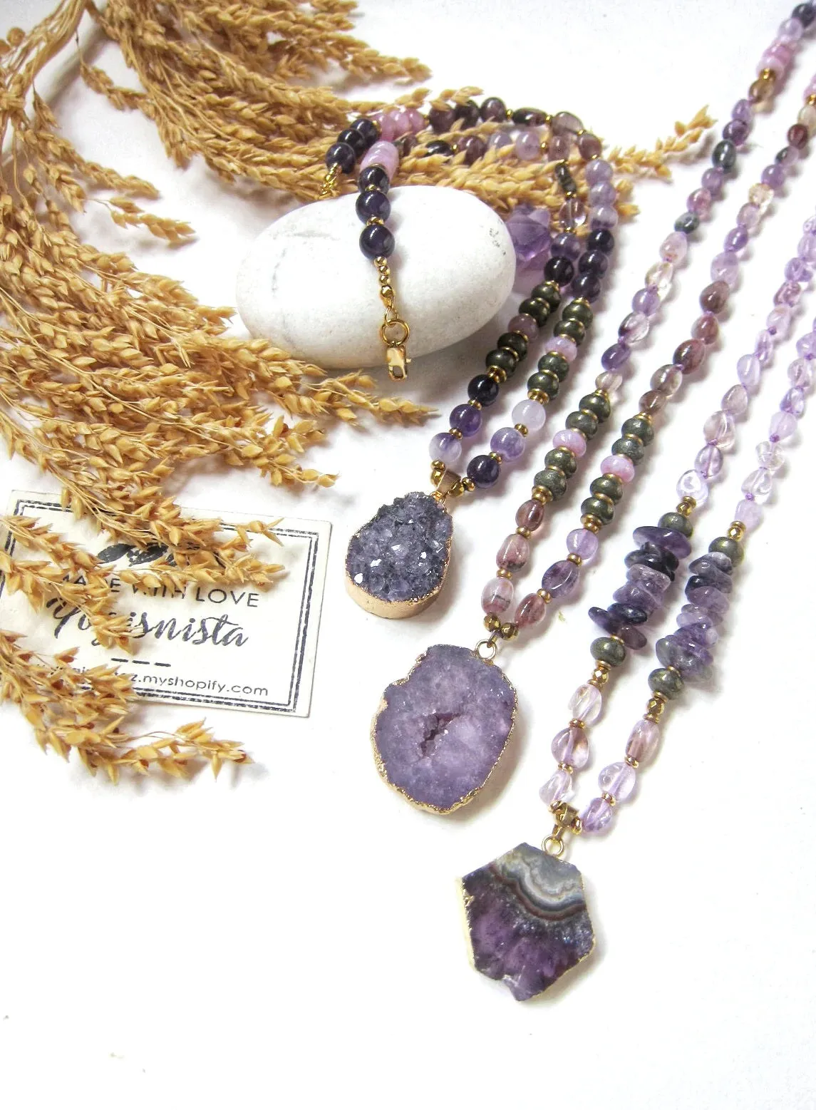 SALE - Ametrine, Amethyst, Charoite, Kunzite, Druzy Pendant Beaded Mala Necklace