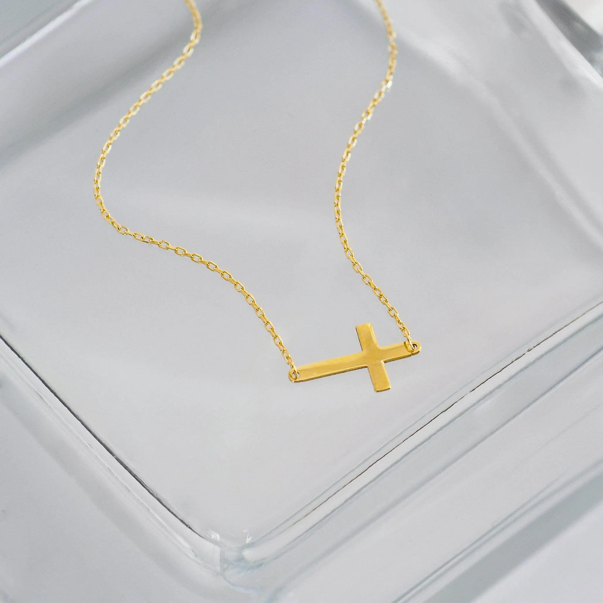 Sideways Cross Necklace | 14K Solid Gold