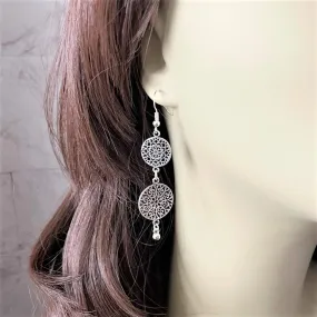 Silver Double Disc Drop Earrings