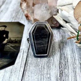 Silver Sheen Obsidian Coffin Ring in Solid Sterling Silver- Designed by FOXLARK Collection Size 6 7 8 9 10 / Big Crystal Ring Witchy Jewelry