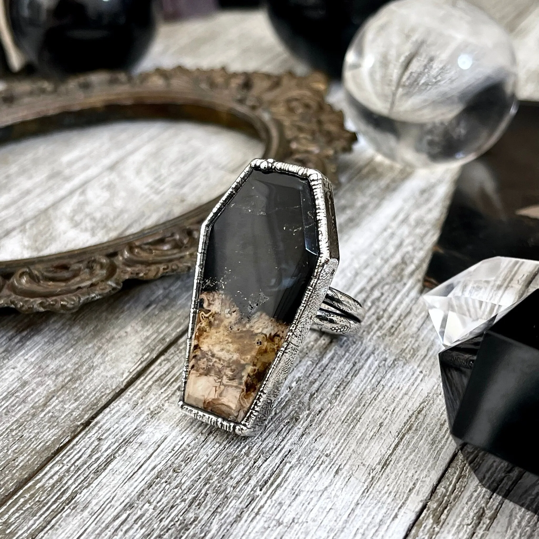 Size 7.5  Fossilized Palm Root Coffin Statement Ring in Fine Silver / Foxlark Collection - One of a Kind