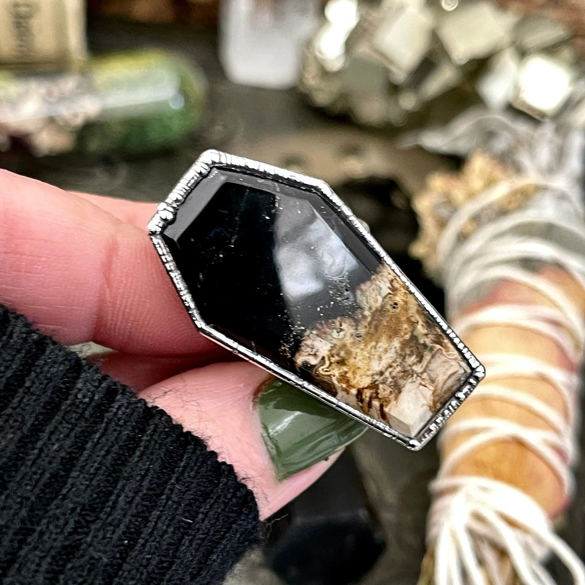 Size 7.5  Fossilized Palm Root Coffin Statement Ring in Fine Silver / Foxlark Collection - One of a Kind