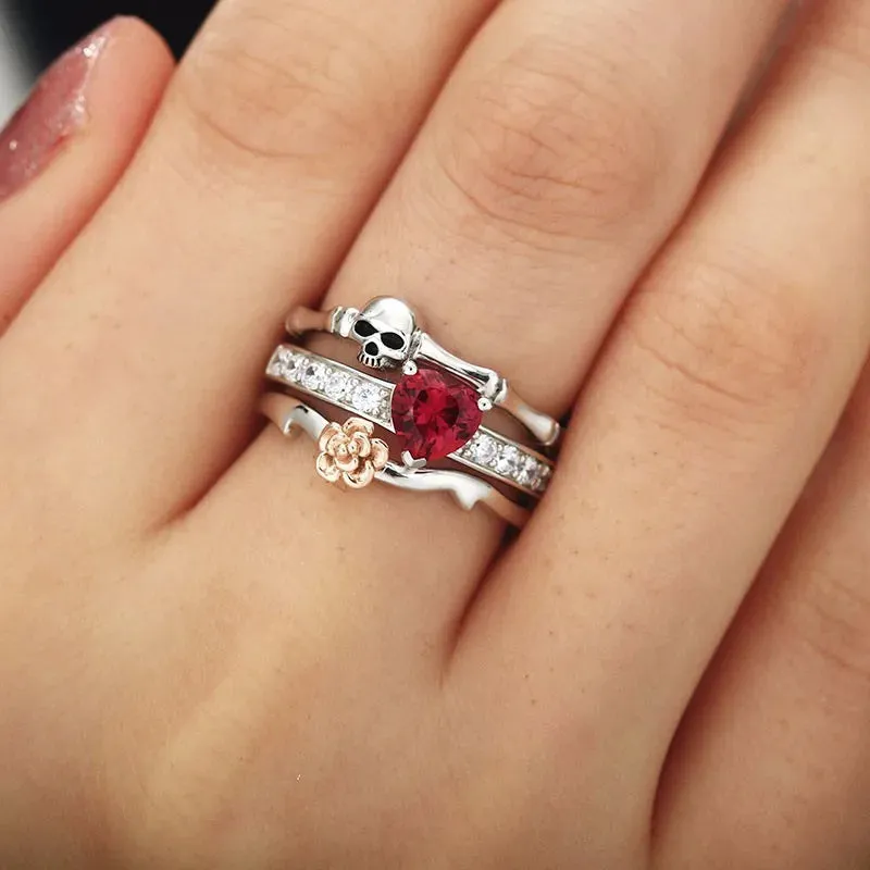 Skull Finger Female Wedding Rings Set for Women Girl Red Heart Crystal Cz Rose Flower Skeleton Gothic Jewelry Gift Ring