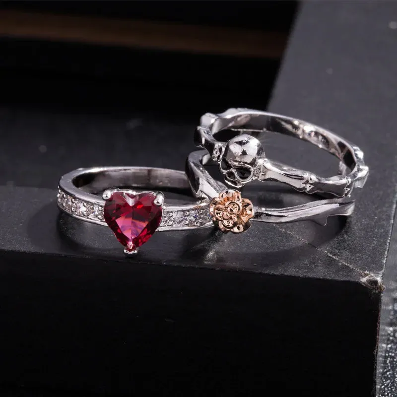 Skull Finger Female Wedding Rings Set for Women Girl Red Heart Crystal Cz Rose Flower Skeleton Gothic Jewelry Gift Ring