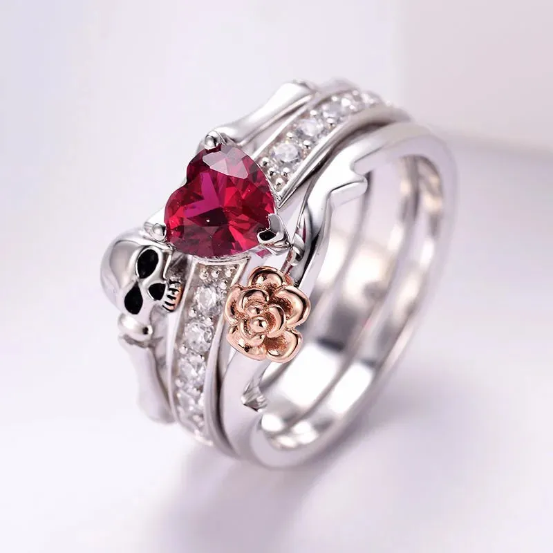 Skull Finger Female Wedding Rings Set for Women Girl Red Heart Crystal Cz Rose Flower Skeleton Gothic Jewelry Gift Ring