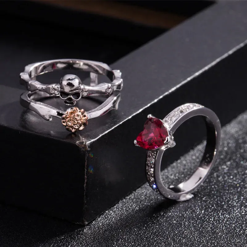 Skull Finger Female Wedding Rings Set for Women Girl Red Heart Crystal Cz Rose Flower Skeleton Gothic Jewelry Gift Ring