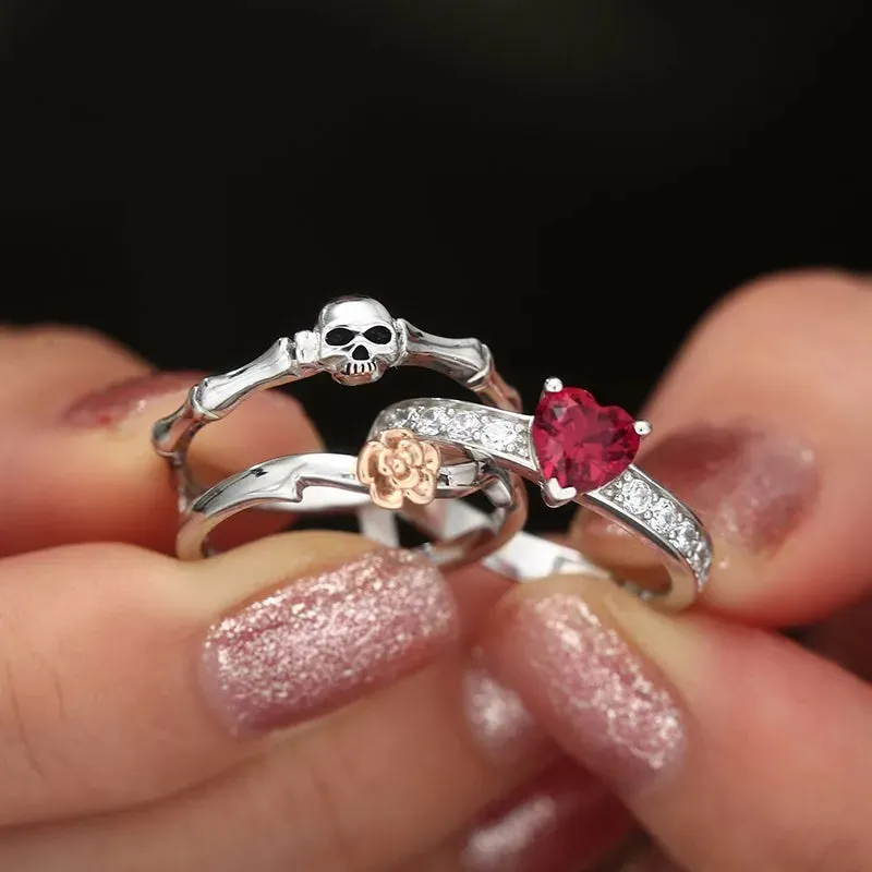 Skull Finger Female Wedding Rings Set for Women Girl Red Heart Crystal Cz Rose Flower Skeleton Gothic Jewelry Gift Ring