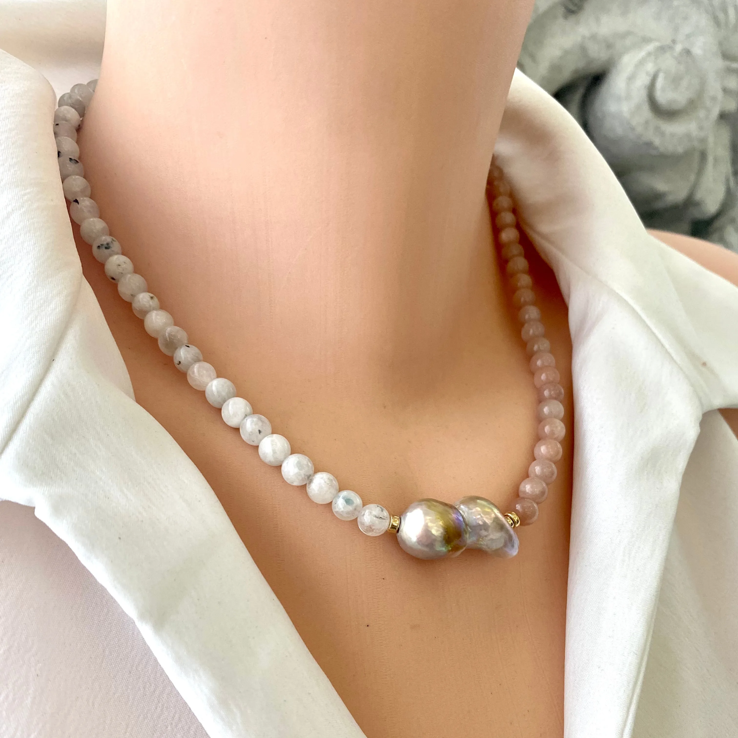 Sunstone and Moonstone Necklace with A Lavender Baroque Pearl, Gold Filled Beads and Closure