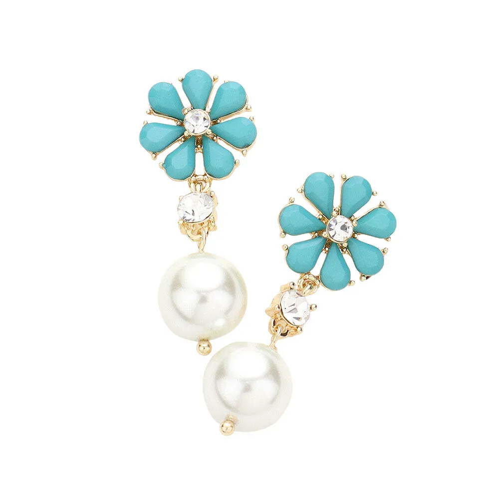 Teardrop Cluster Flower Pearl Link Dangle Evening Earrings