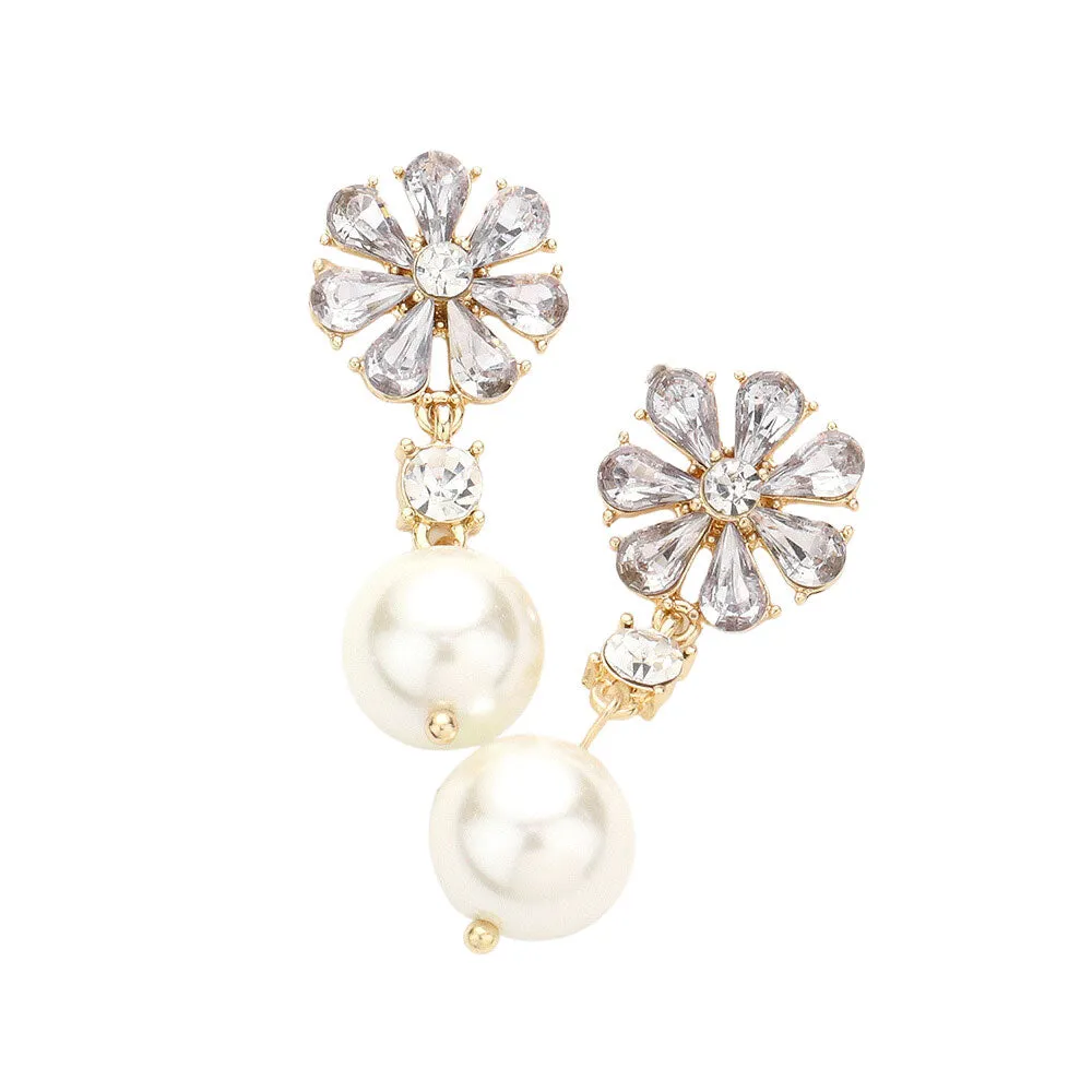 Teardrop Cluster Flower Pearl Link Dangle Evening Earrings