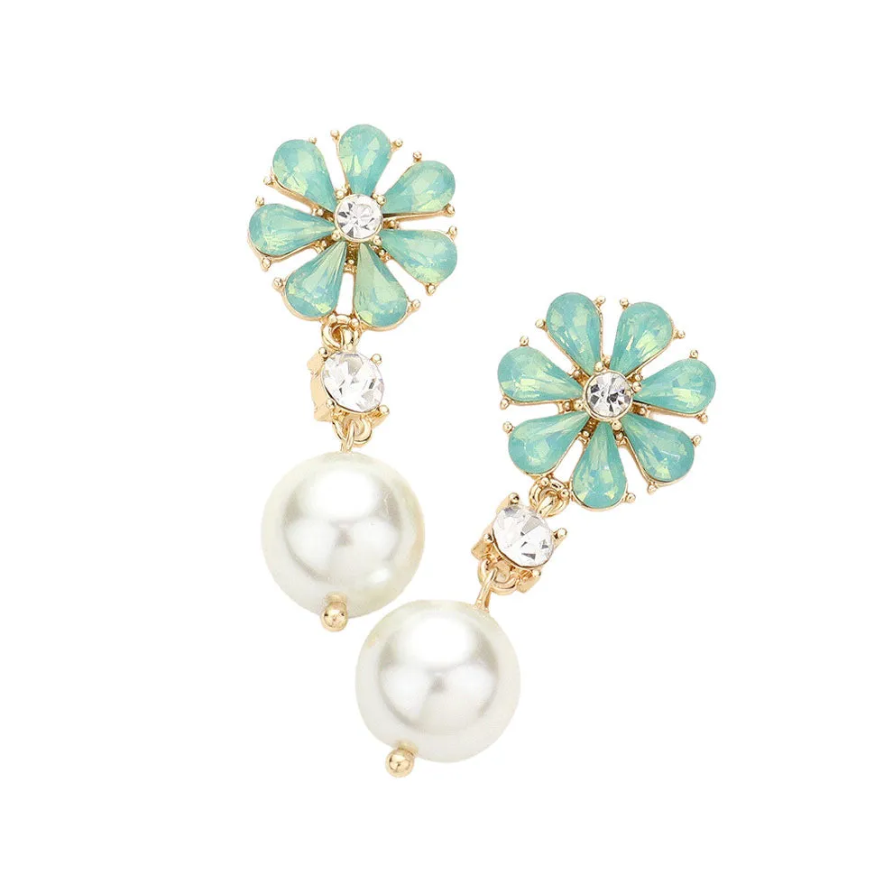 Teardrop Cluster Flower Pearl Link Dangle Evening Earrings