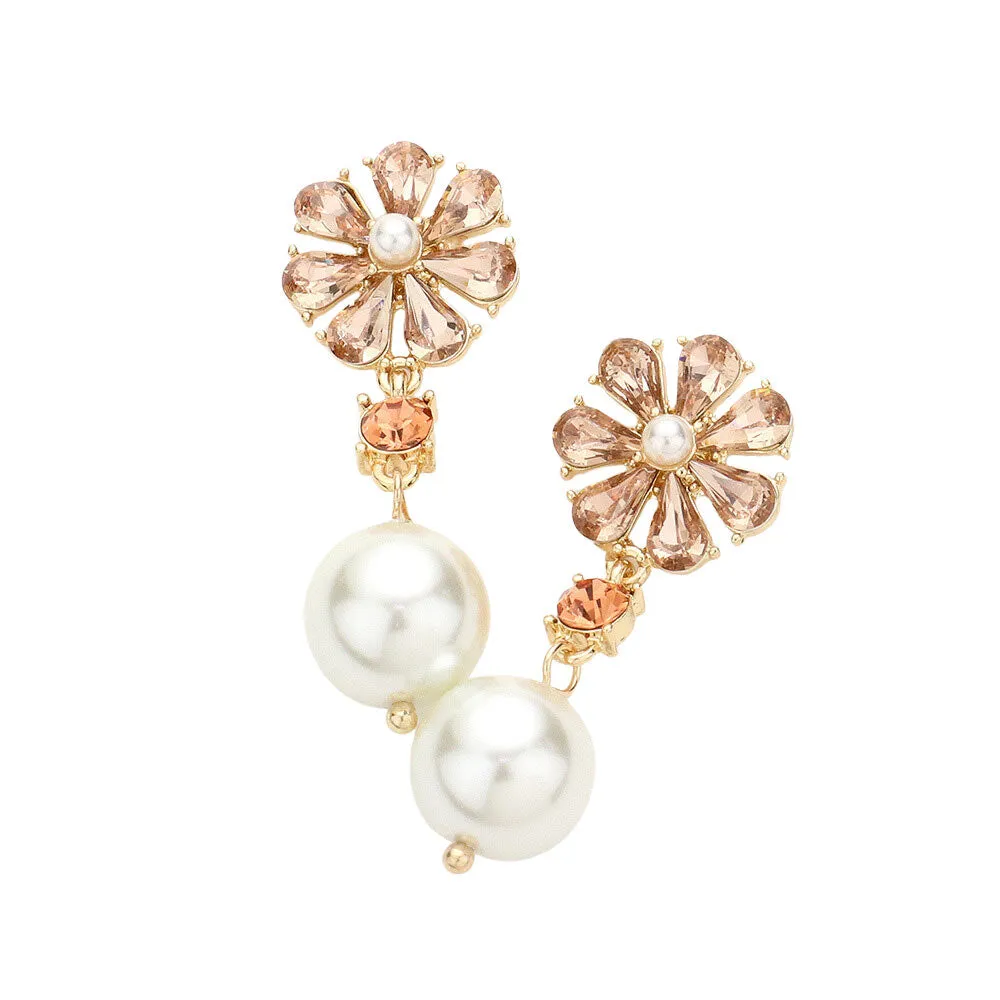 Teardrop Cluster Flower Pearl Link Dangle Evening Earrings