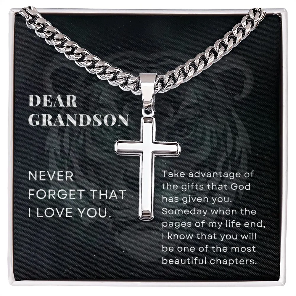 To Grandson Gift, Take Advantage of the Gifts, Encouragement From Grandma Stainless Steel Cross Pendant Cuban Chain Necklace