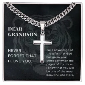 To Grandson Gift, Take Advantage of the Gifts, Encouragement From Grandma Stainless Steel Cross Pendant Cuban Chain Necklace