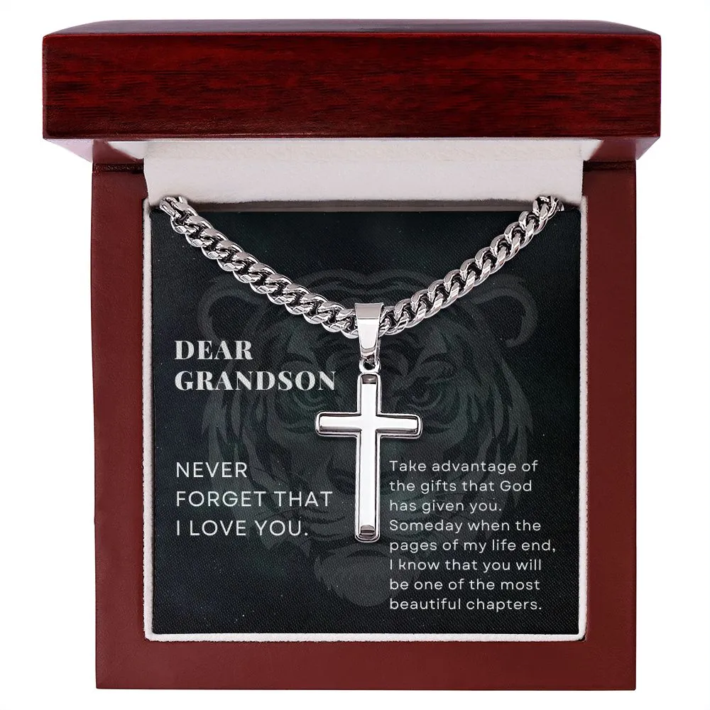 To Grandson Gift, Take Advantage of the Gifts, Encouragement From Grandma Stainless Steel Cross Pendant Cuban Chain Necklace