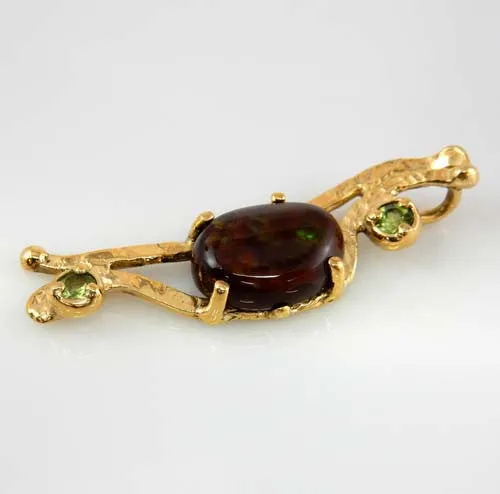 Unique 14kt Yellow Gold Fire Agate Peridot Pendant