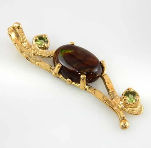 Unique 14kt Yellow Gold Fire Agate Peridot Pendant