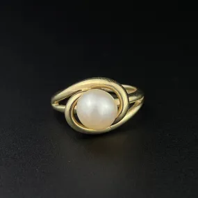 Vintage 10K Gold Love Knot Pearl Solitaire Retro Engagement Ring, Sz 5 1/2