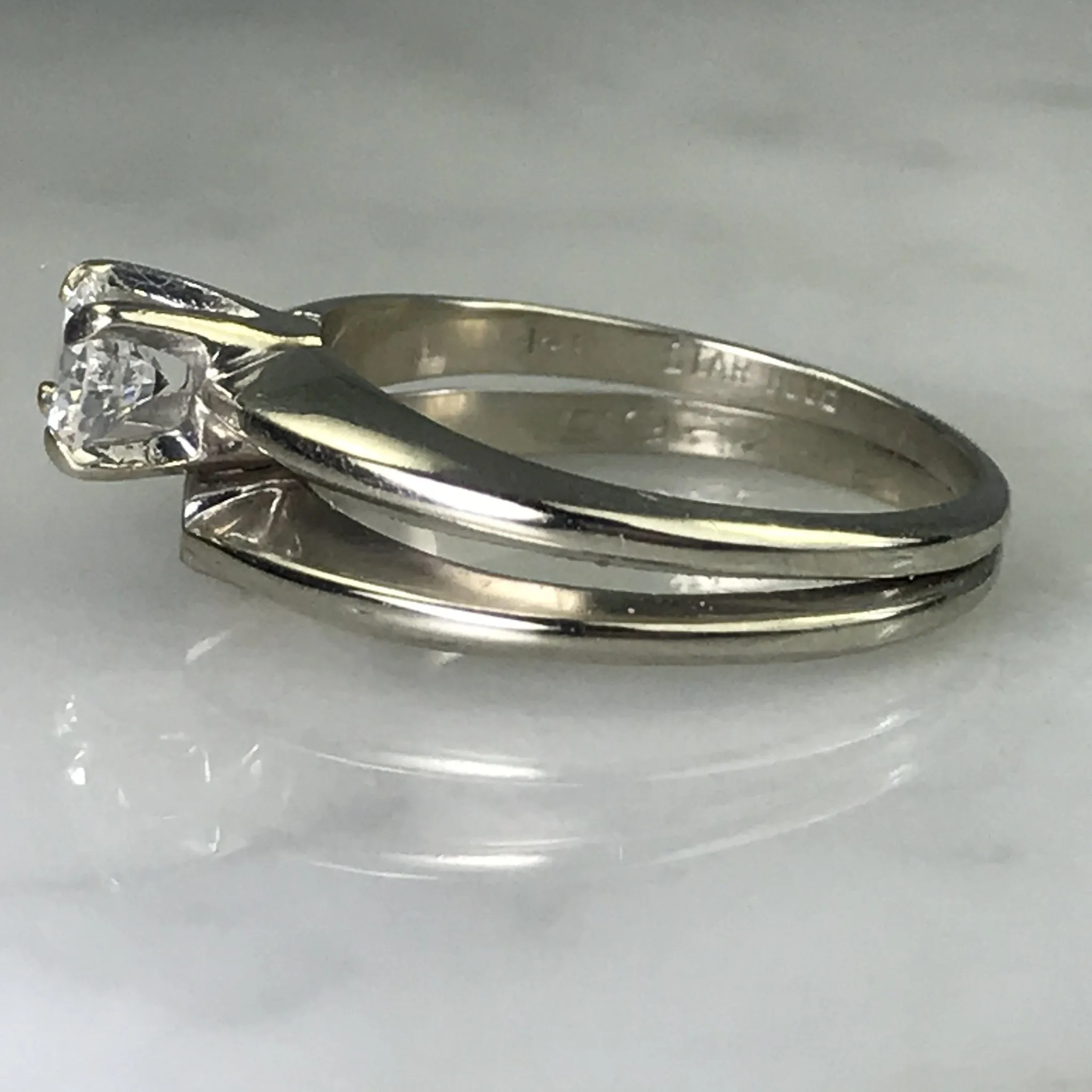 Vintage Diamond Bridal Set. Diamond Engagement Ring. Wedding Band. 14K White Gold.