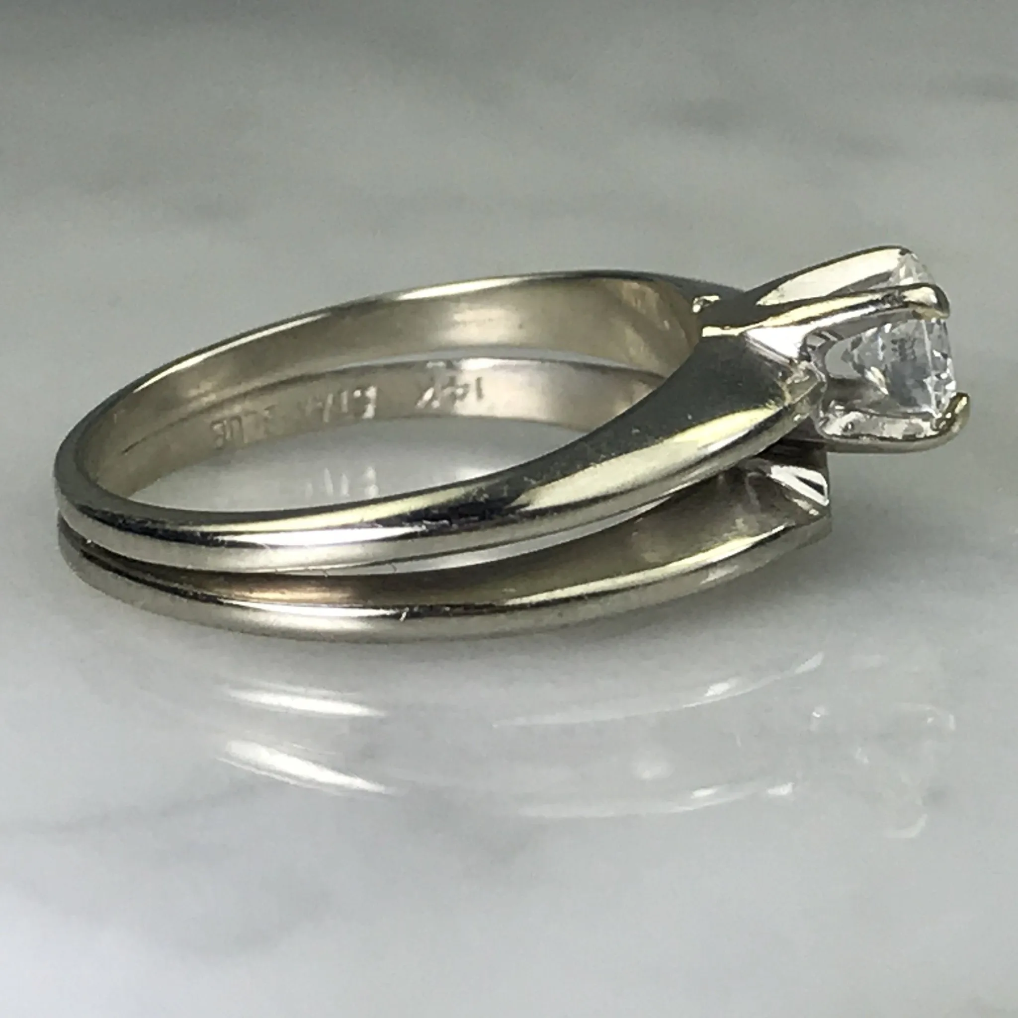 Vintage Diamond Bridal Set. Diamond Engagement Ring. Wedding Band. 14K White Gold.