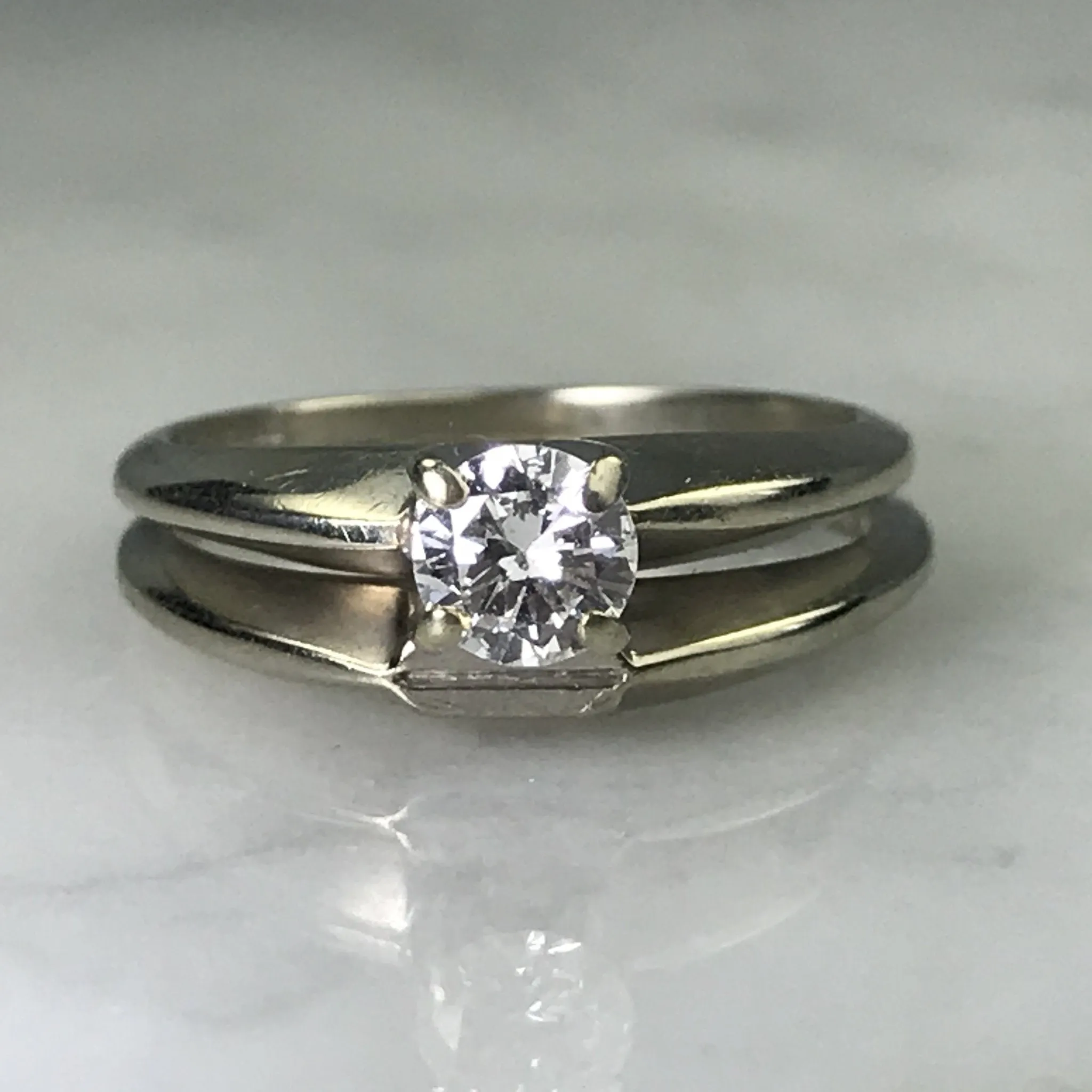 Vintage Diamond Bridal Set. Diamond Engagement Ring. Wedding Band. 14K White Gold.