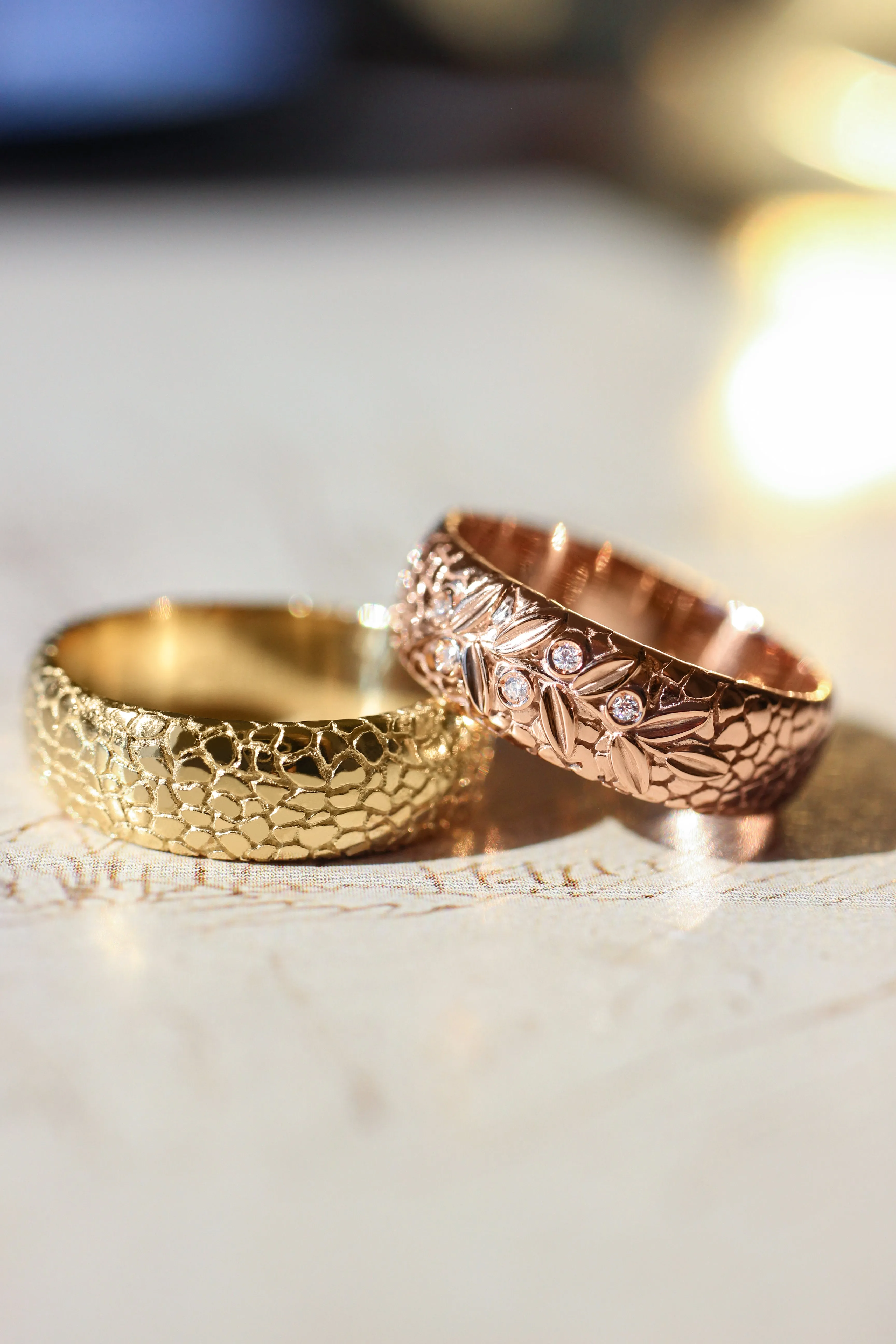 Wedding bands set for couple, textured rings with olive branch