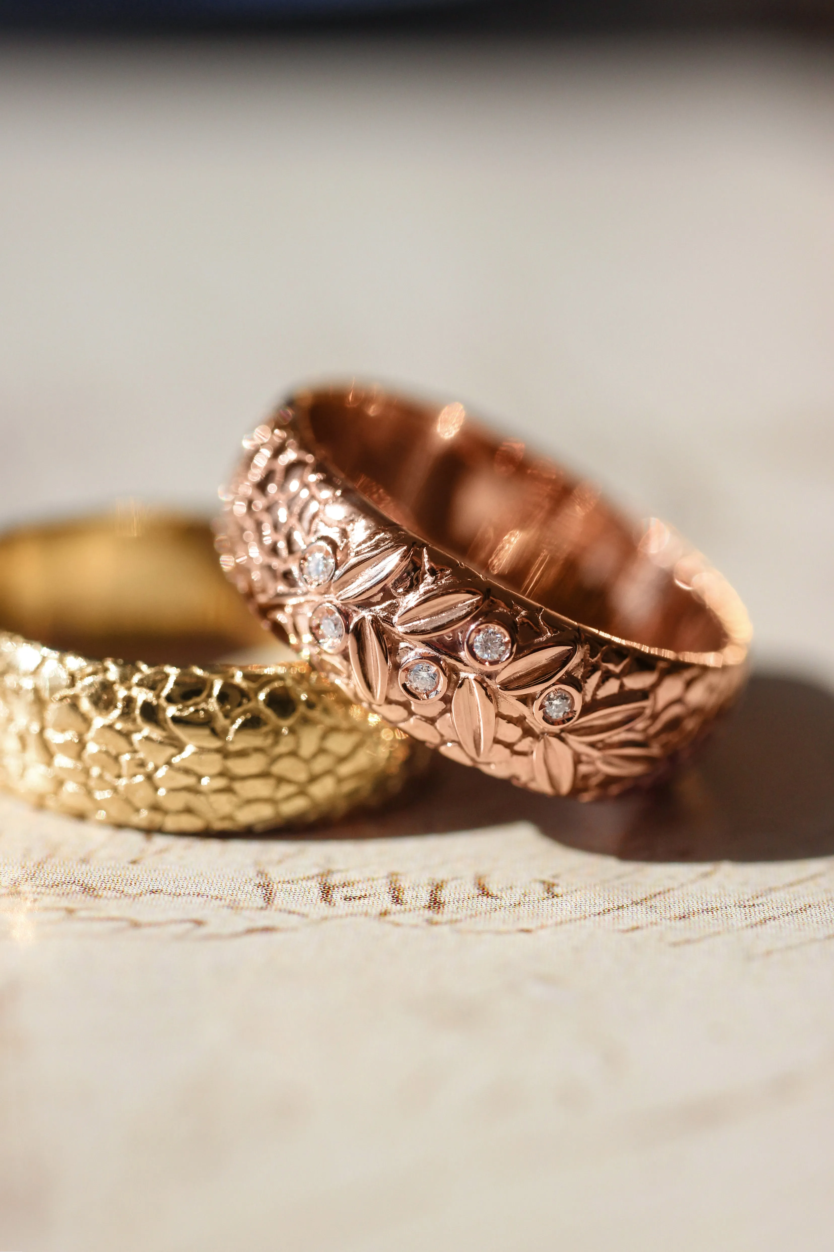 Wedding bands set for couple, textured rings with olive branch