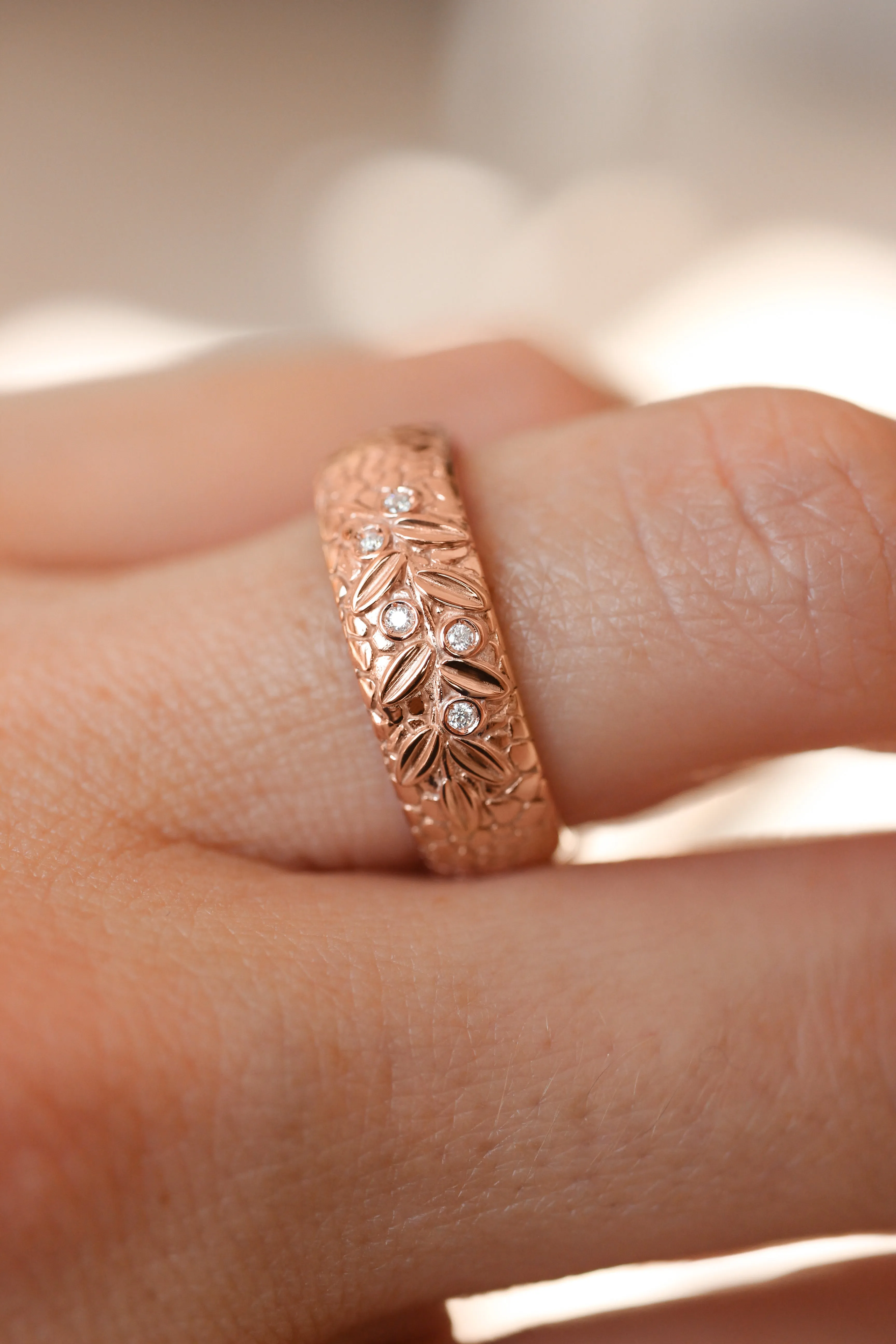 Wedding bands set for couple, textured rings with olive branch