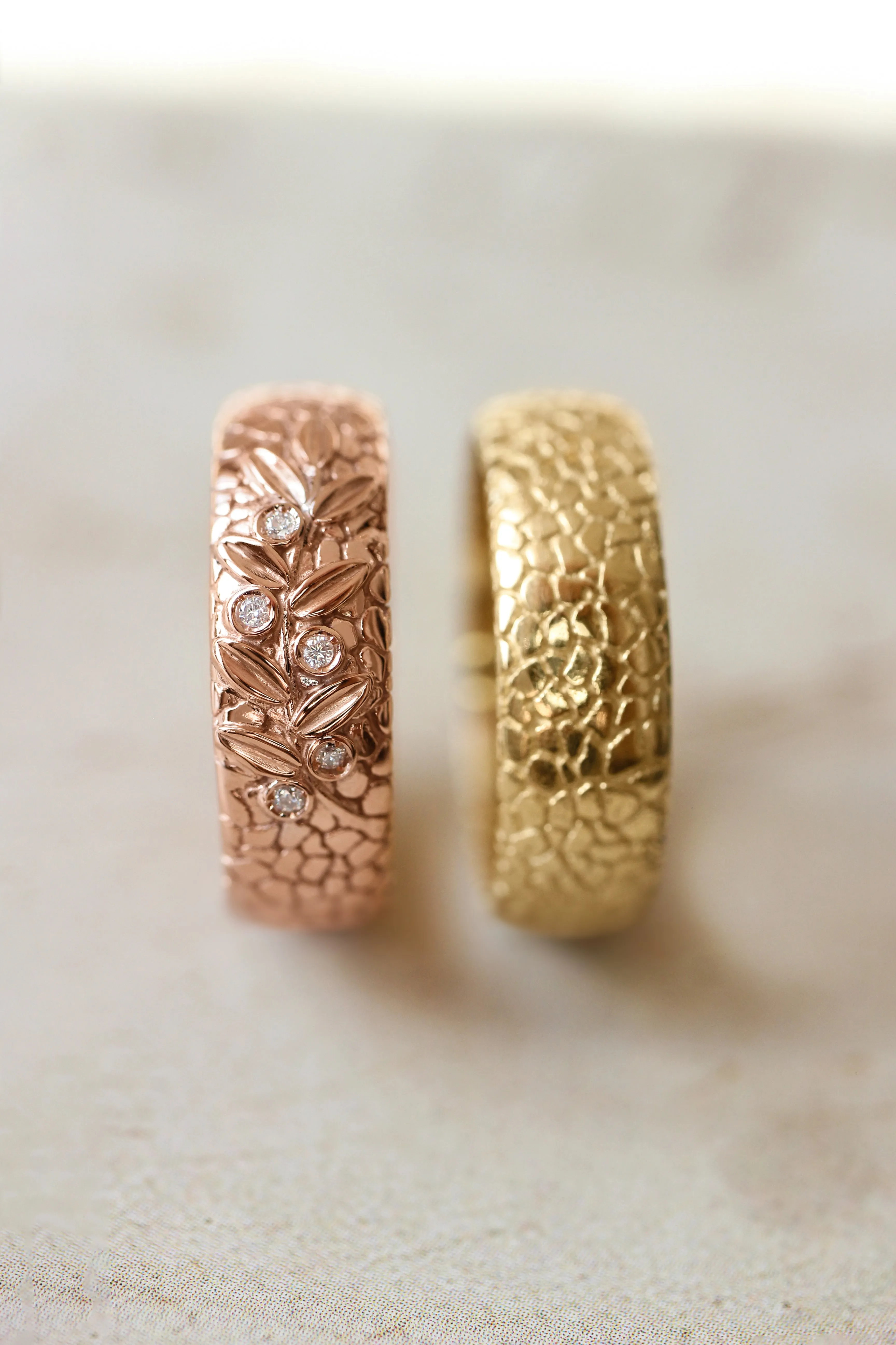 Wedding bands set for couple, textured rings with olive branch