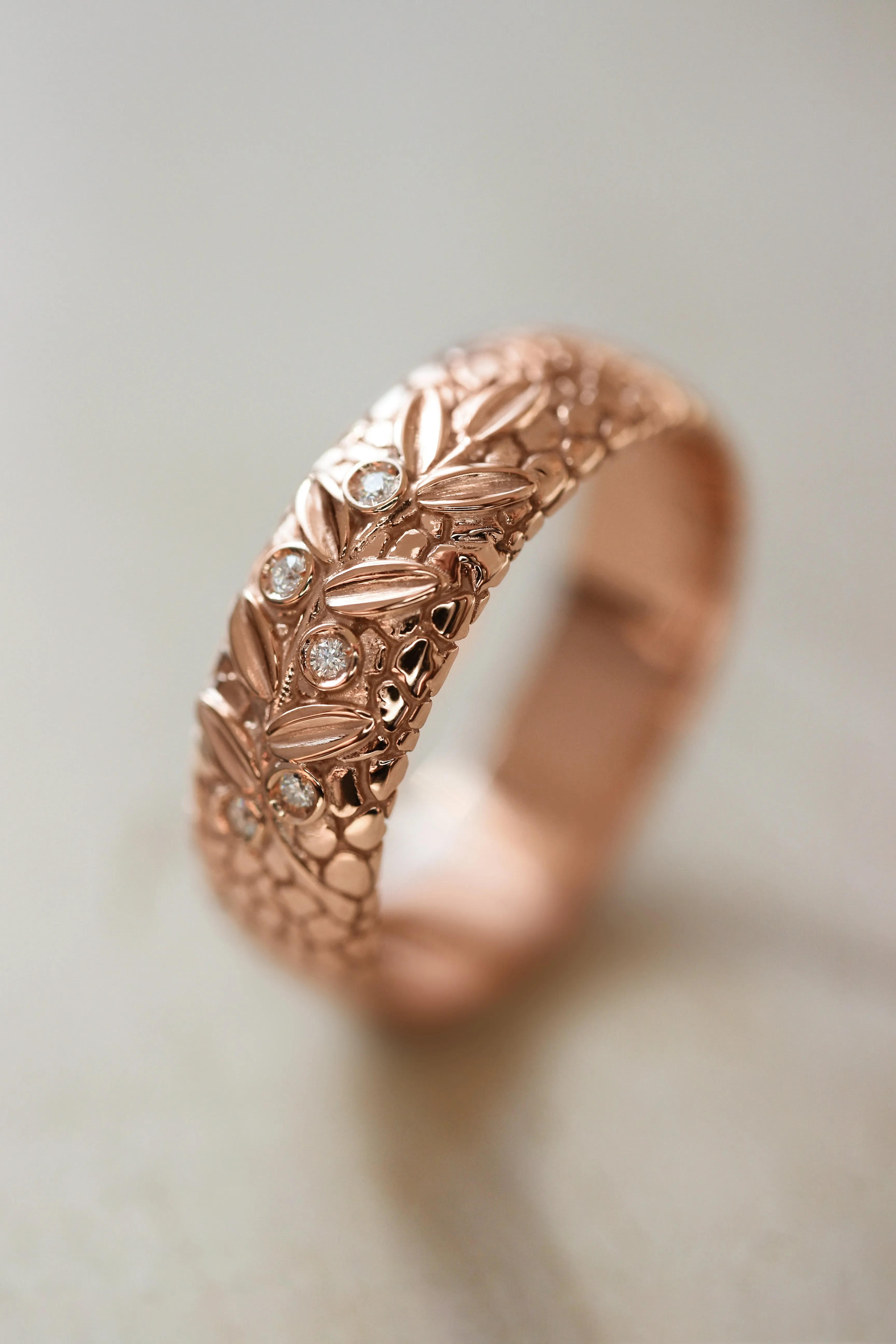 Wedding bands set for couple, textured rings with olive branch