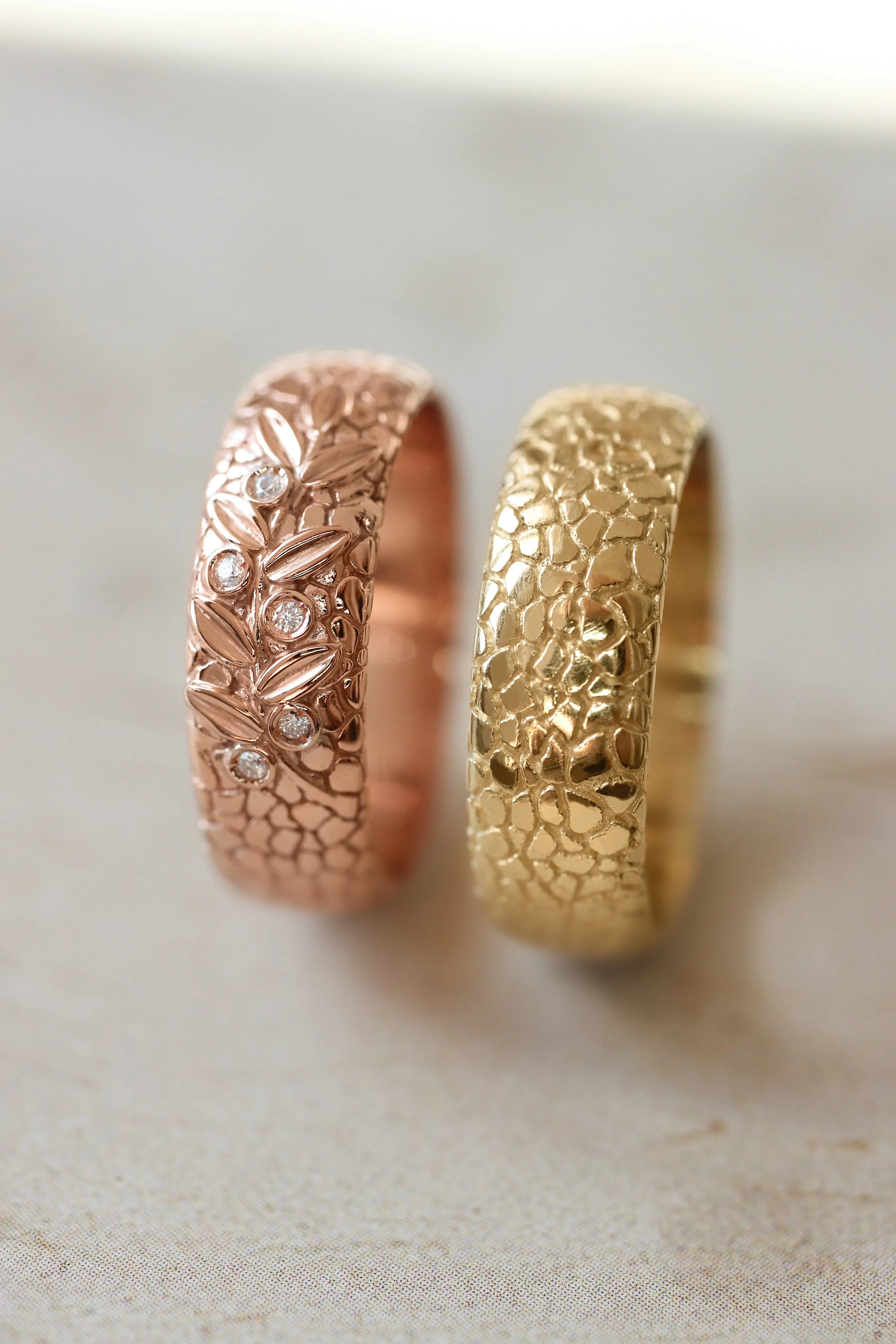 Wedding bands set for couple, textured rings with olive branch