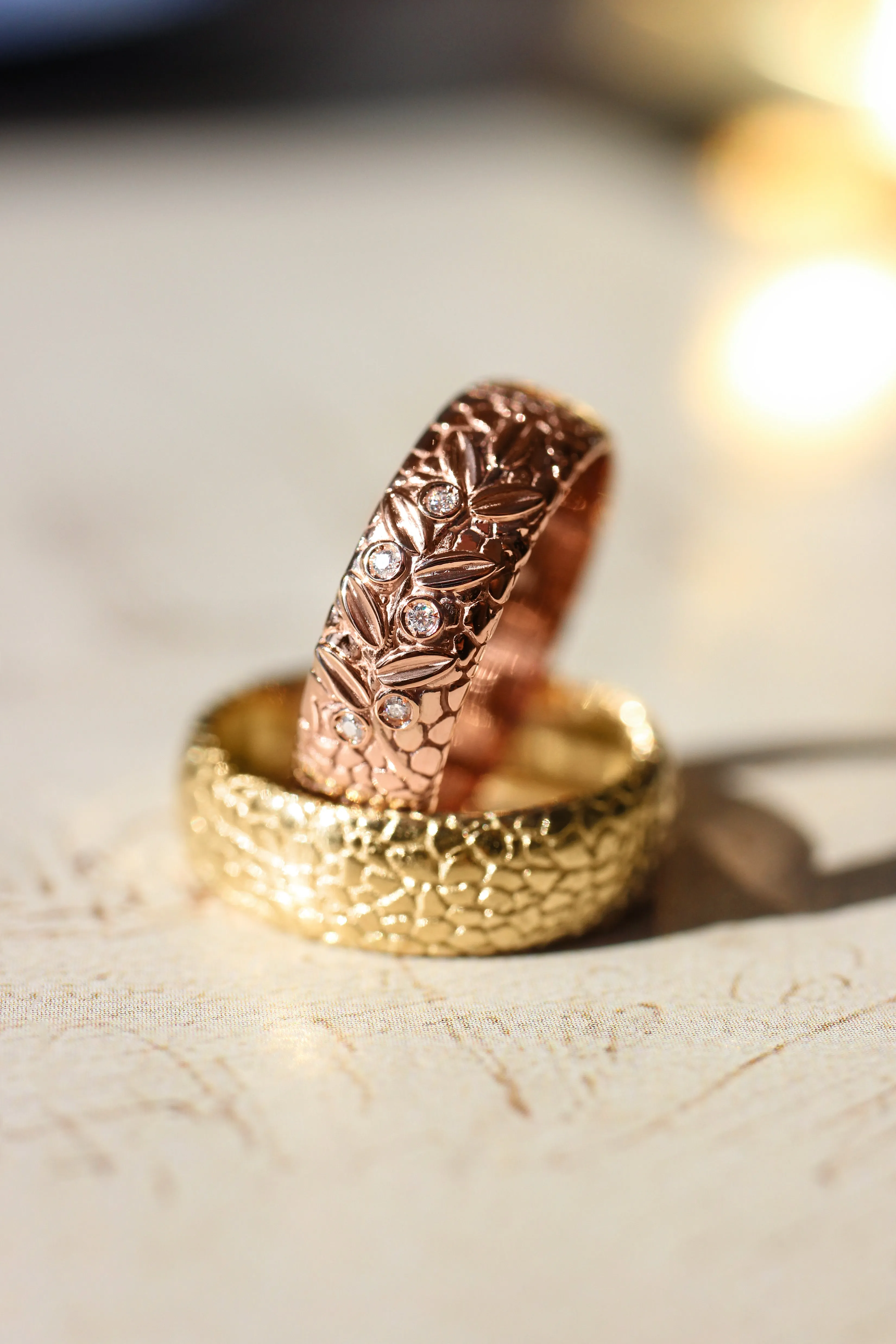 Wedding bands set for couple, textured rings with olive branch