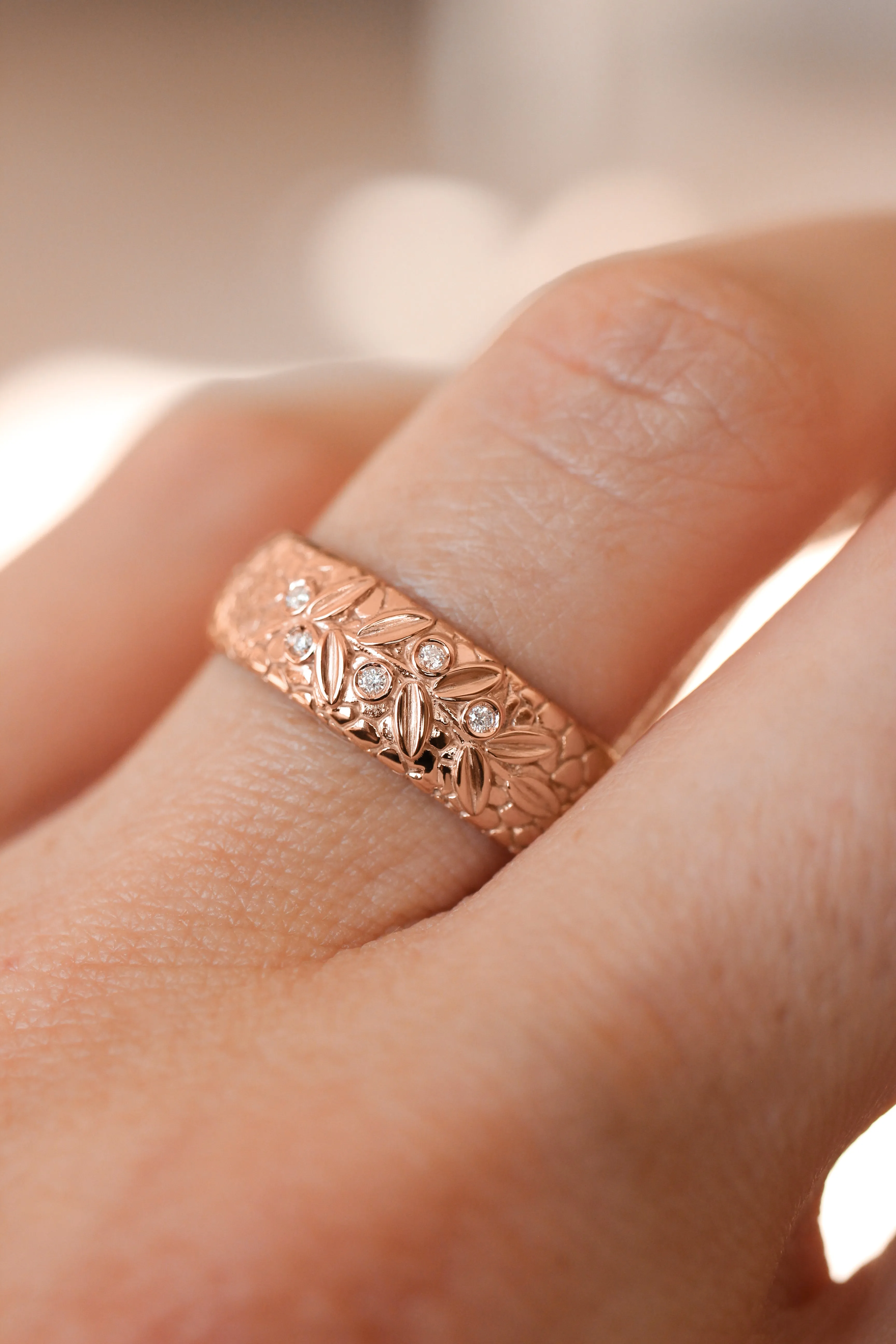 Wedding bands set for couple, textured rings with olive branch