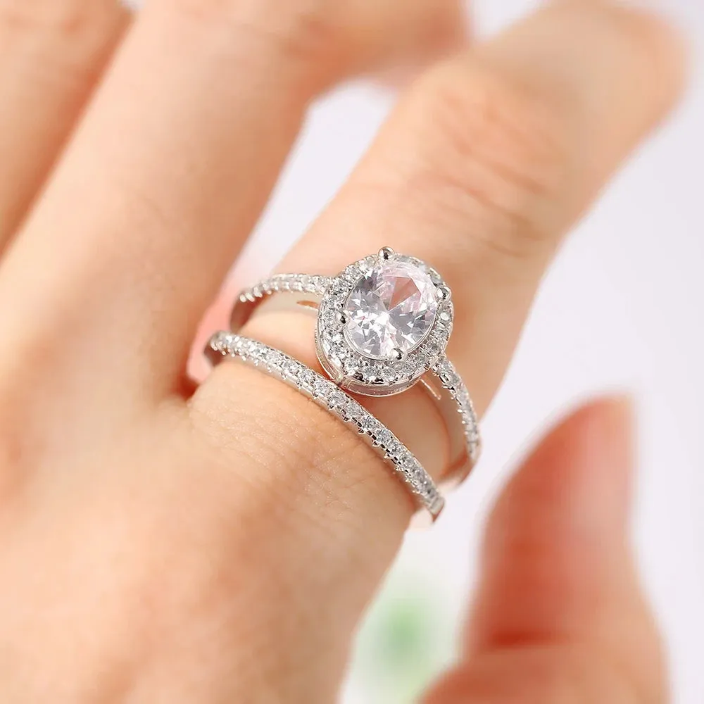 Wedding Moissanite Rings Set for Women Bridal Engagement Silver Color Crystal Rings Aesthetic Christmas Mariage Jewelry SR077