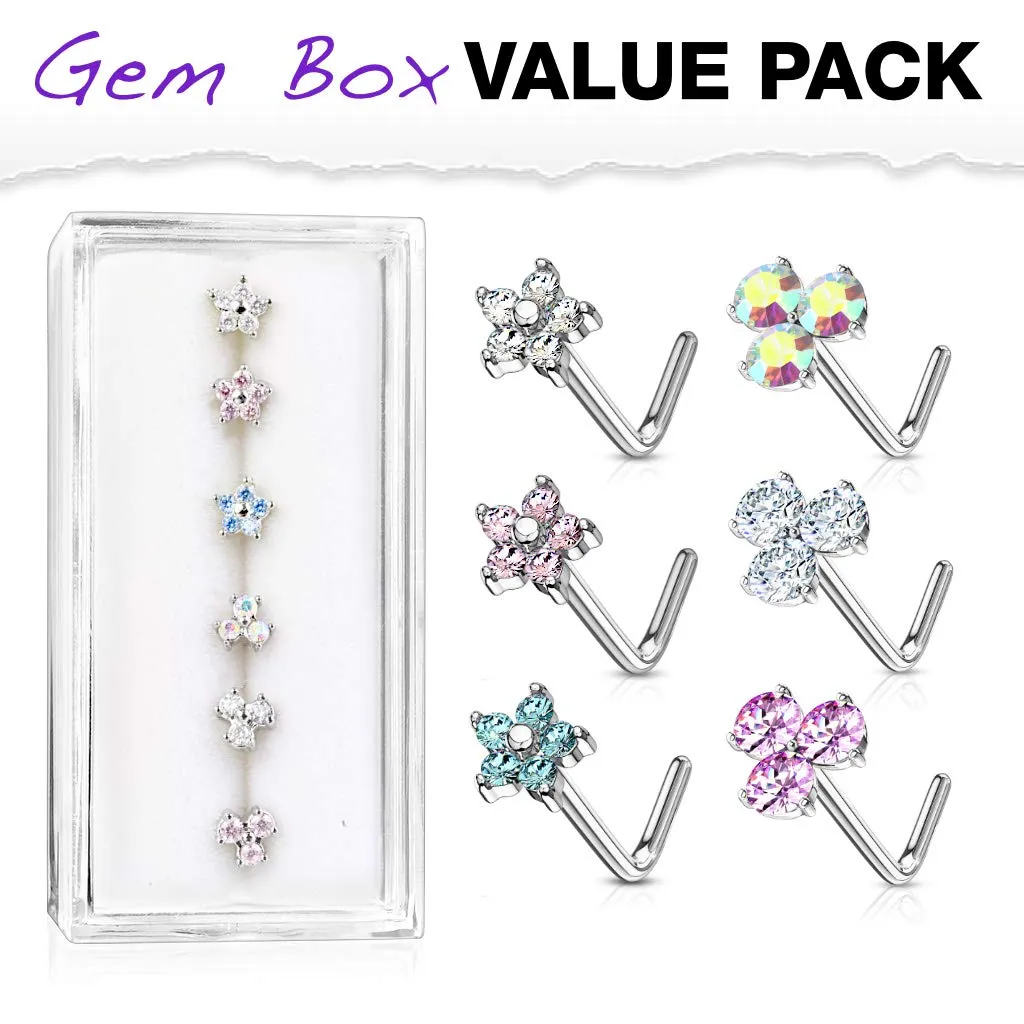 WILDKLASS 6 Pcs of CZ Flower and 3 Prong Set CZ Top 316L Surgical Steel L Bend Nose Stud Rings Gem Box Package