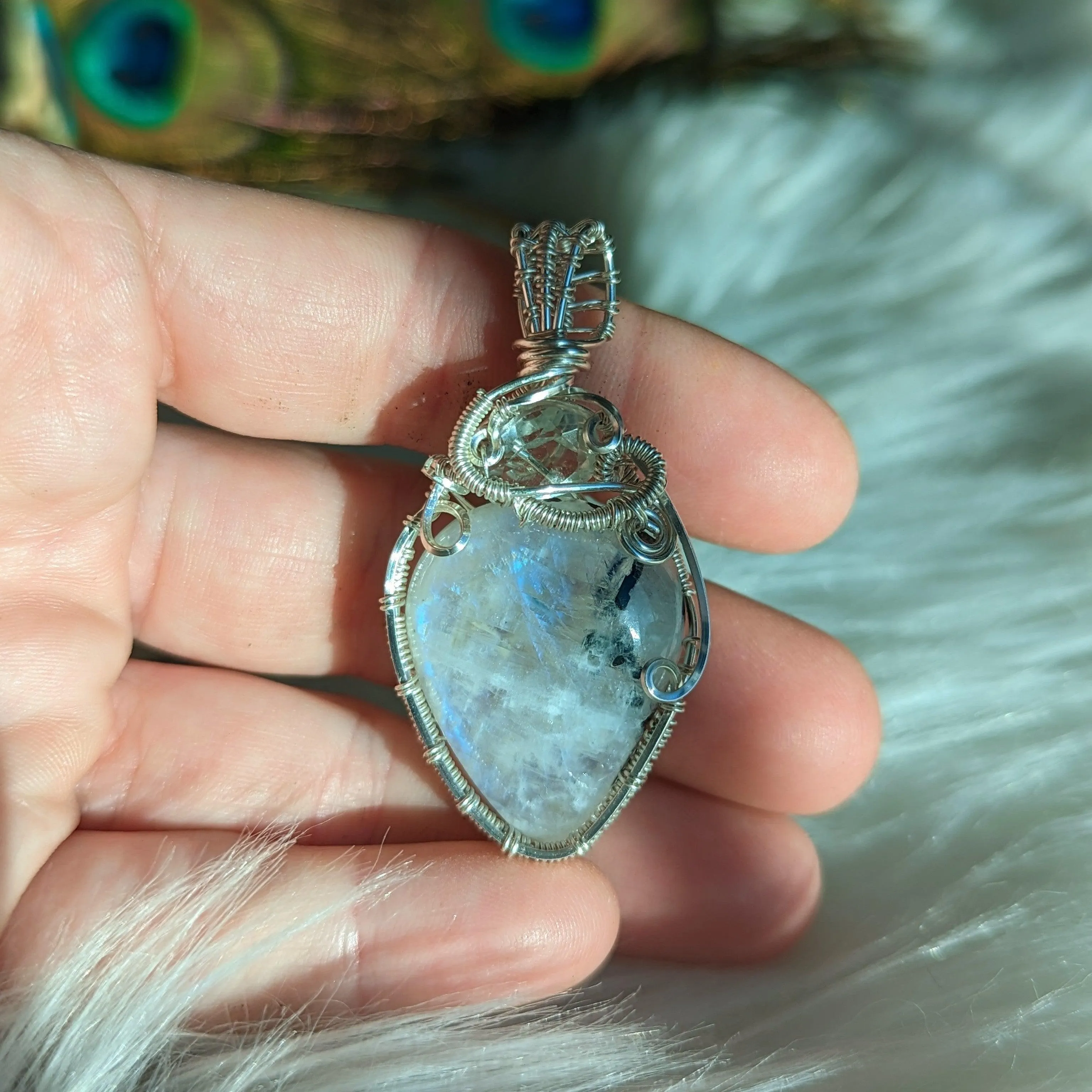 Wire Wrapped Pendant~ FLASHY Moonstone with Light Peridot accent~ Silver Chain Included