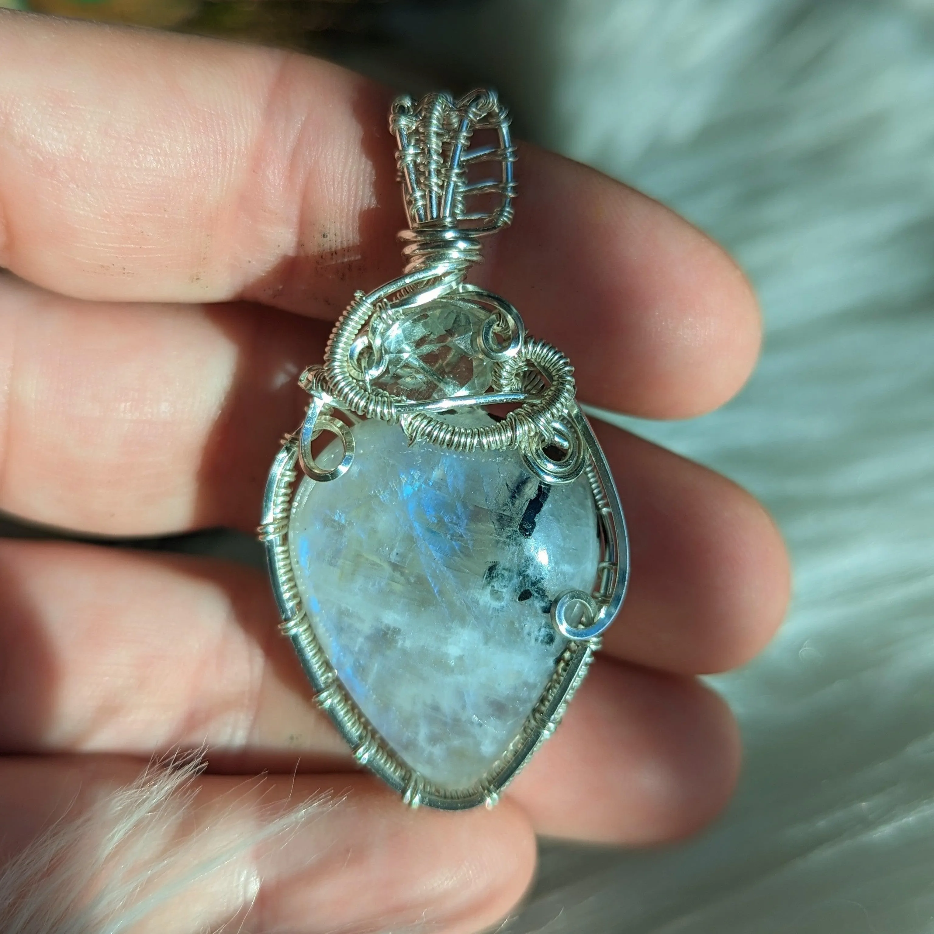 Wire Wrapped Pendant~ FLASHY Moonstone with Light Peridot accent~ Silver Chain Included