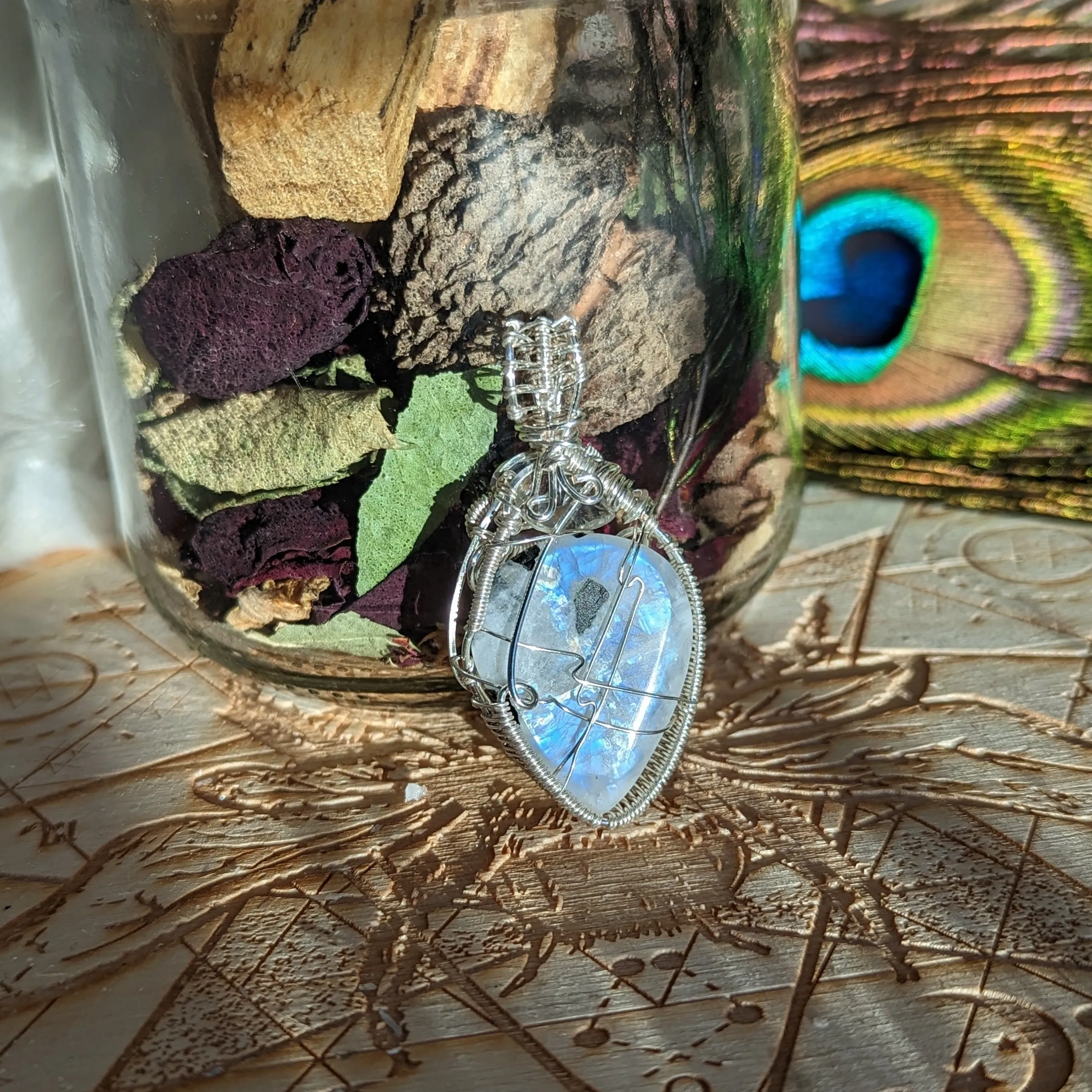 Wire Wrapped Pendant~ FLASHY Moonstone with Light Peridot accent~ Silver Chain Included