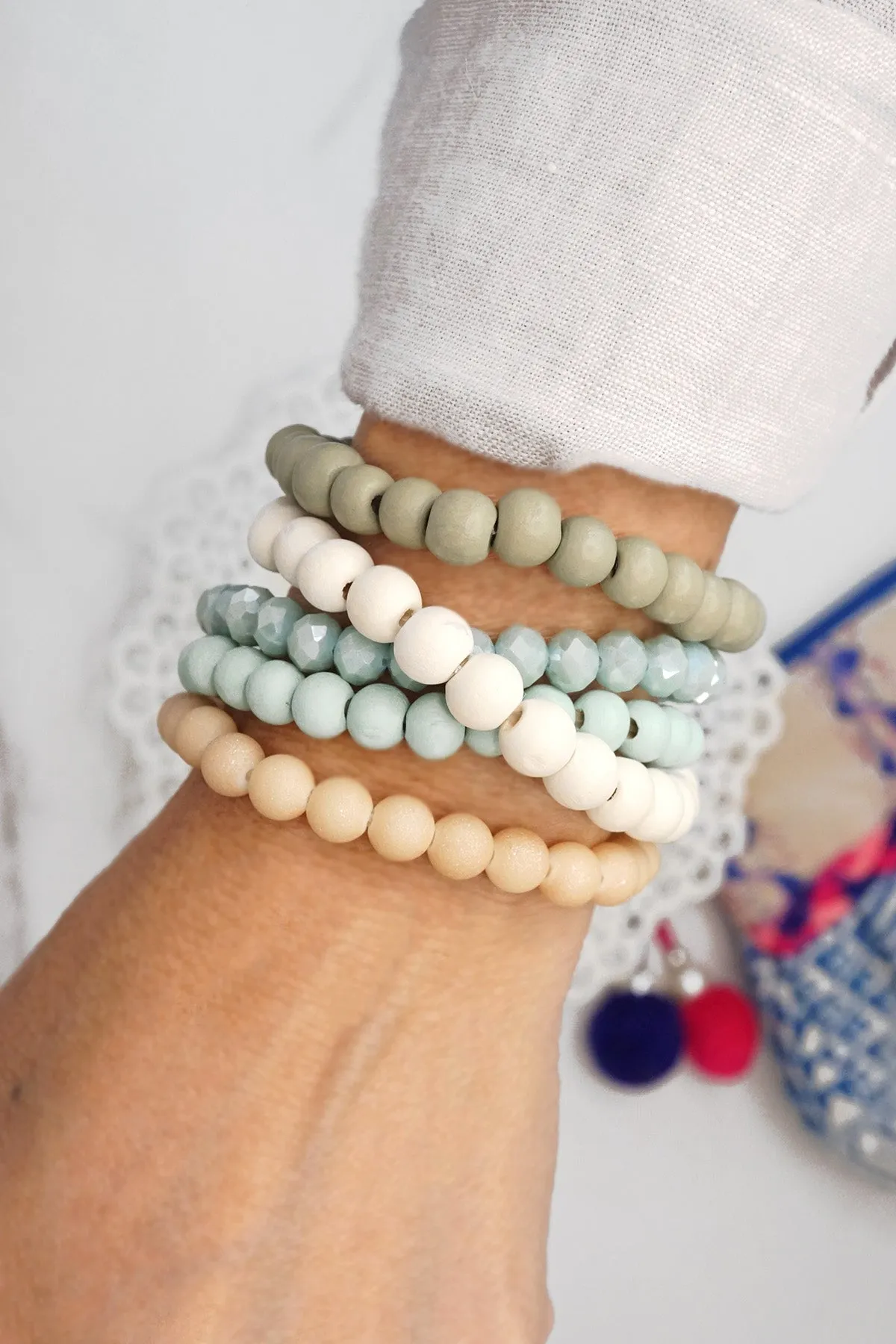 Wood glass basic bracelets stack beaded bracelet set