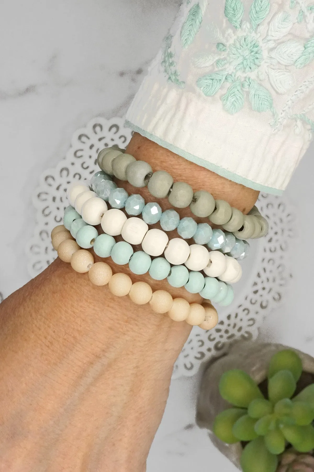 Wood glass basic bracelets stack beaded bracelet set